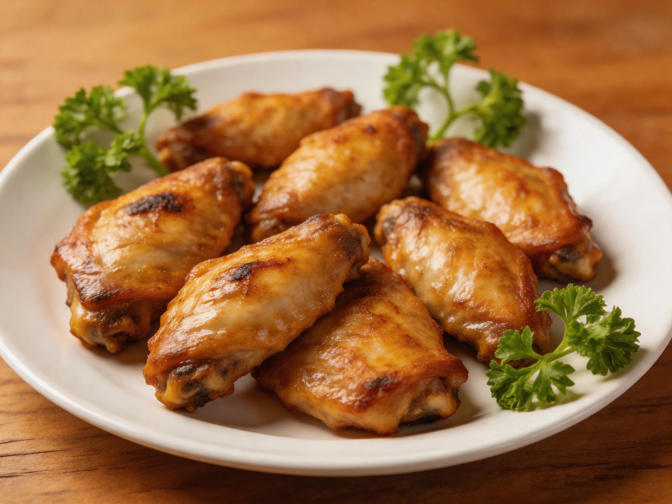 Golden-brown chicken wings served on a white plate with parsley garnish