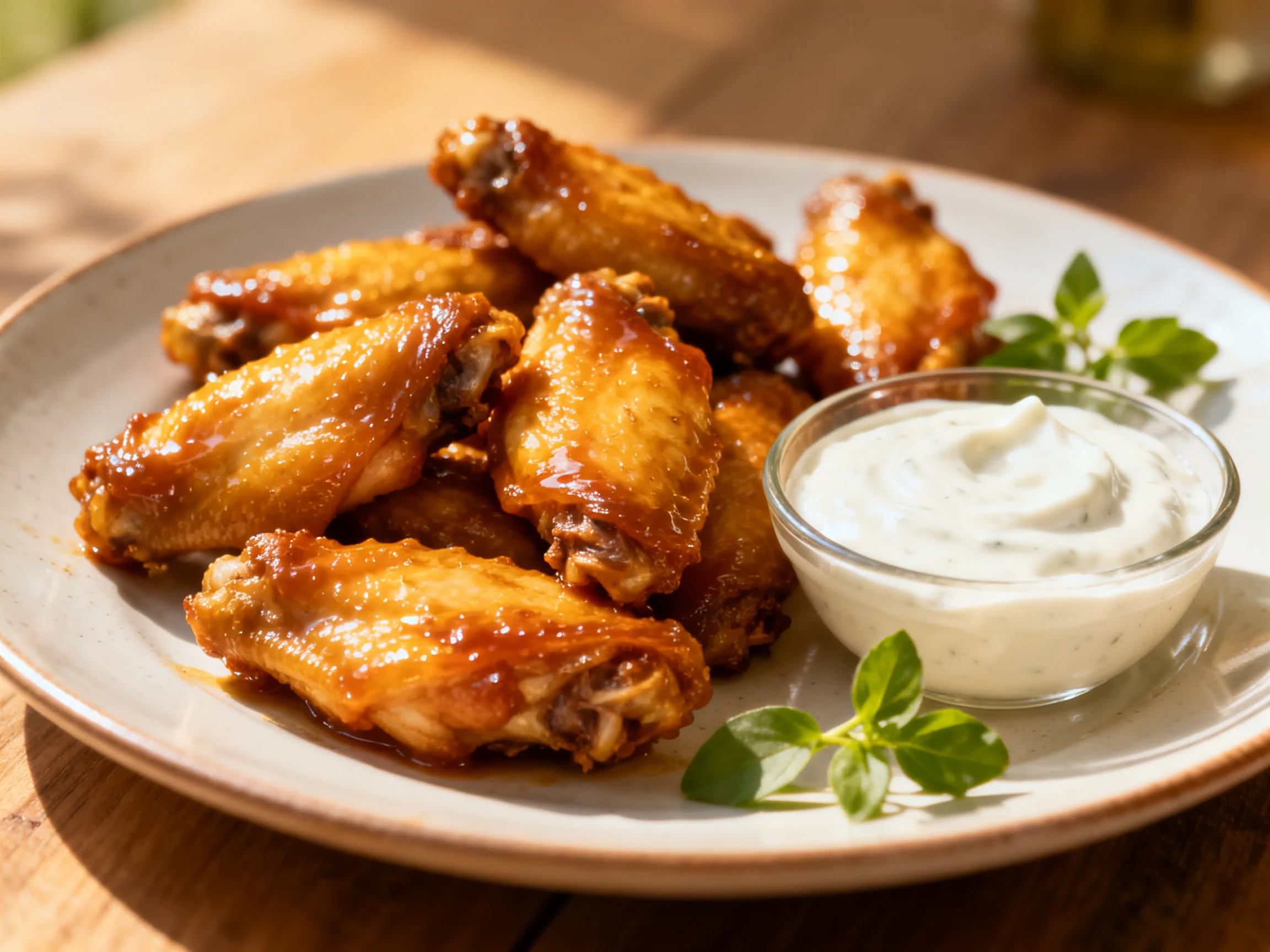Golden-brown chicken wings served with creamy dip