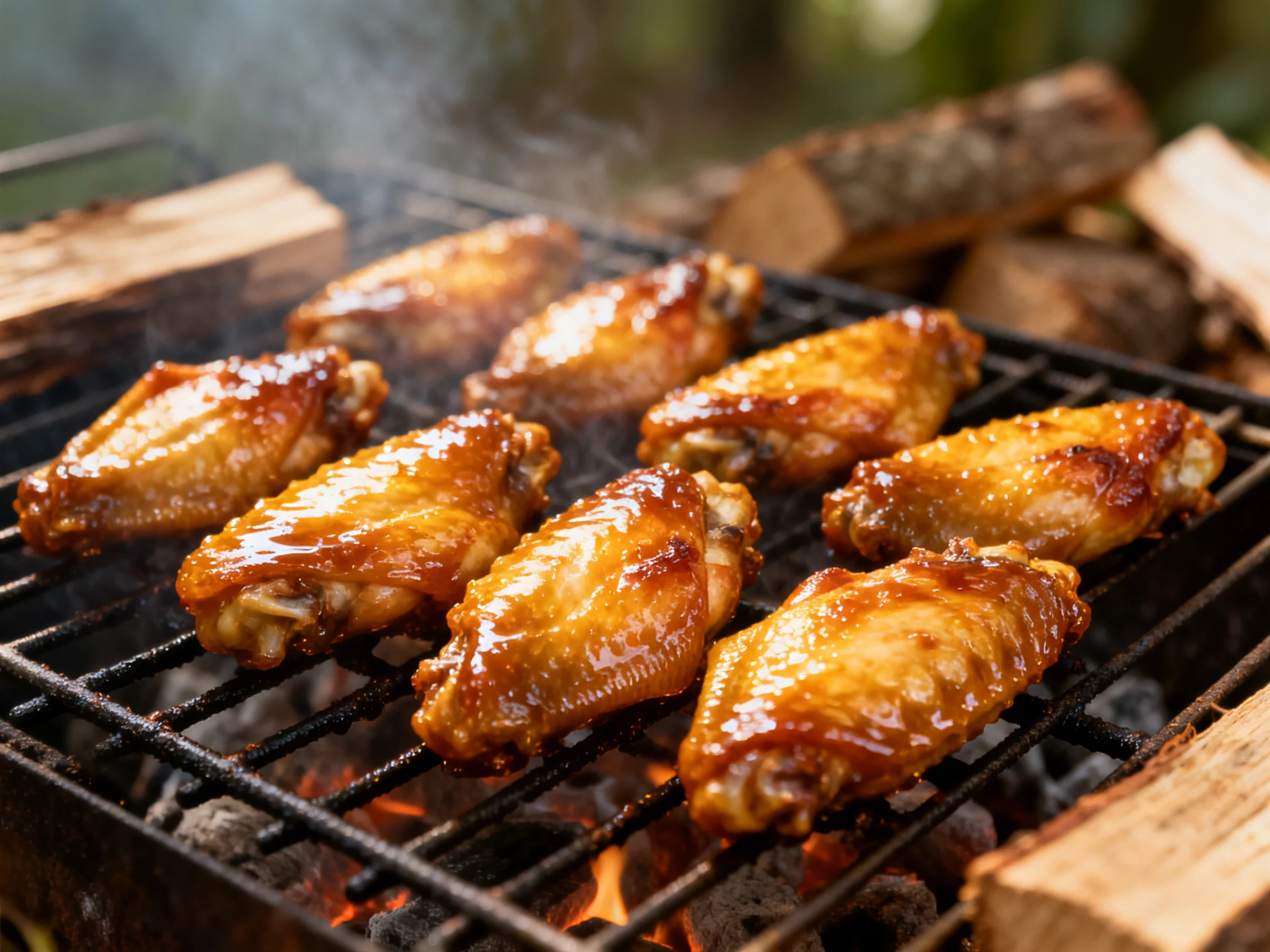 Golden-brown chicken wings sizzle on a charcoal grill near stacked firewood