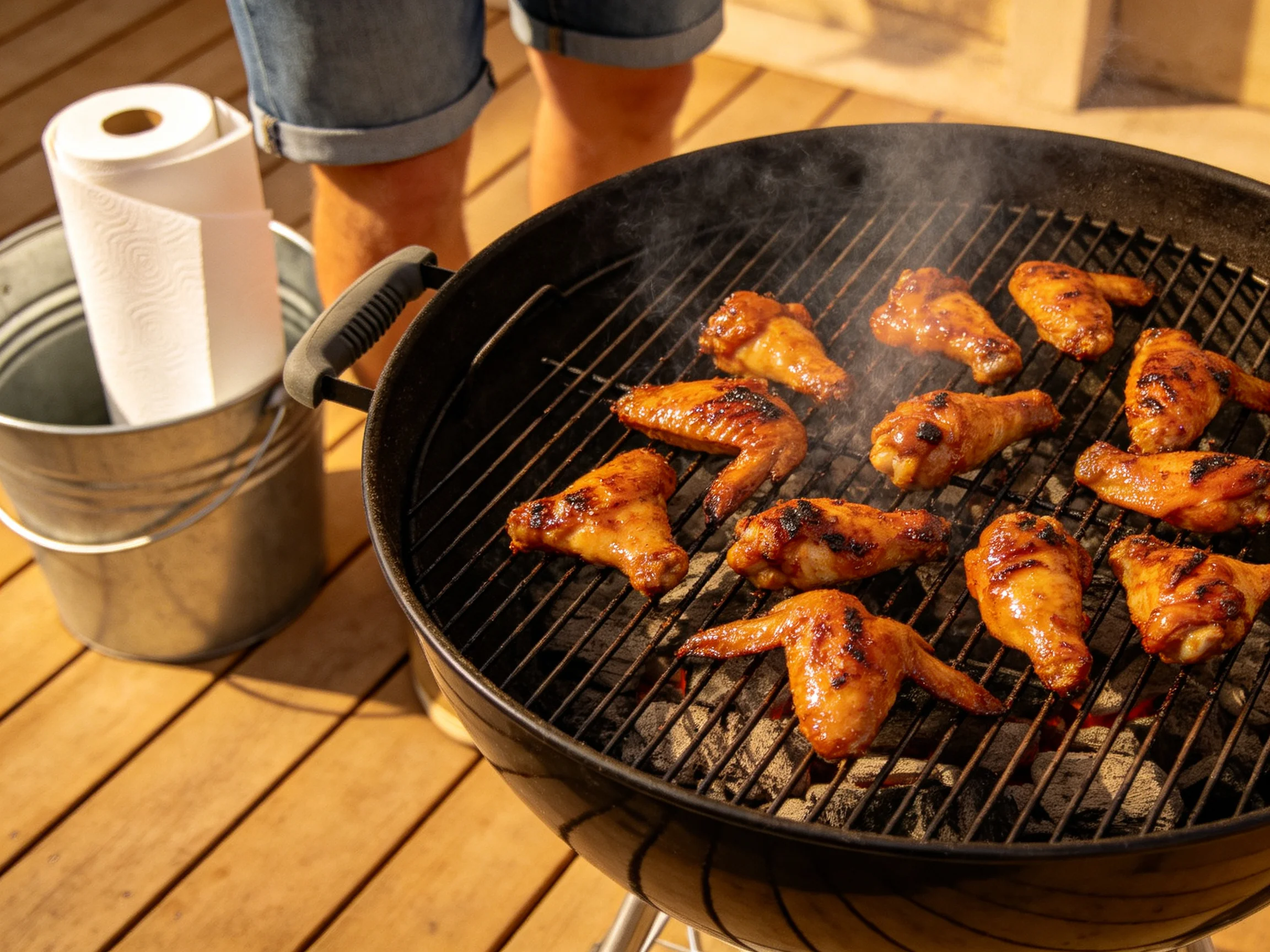 Golden-brown chicken wings sizzle on a charcoal grill outdoors