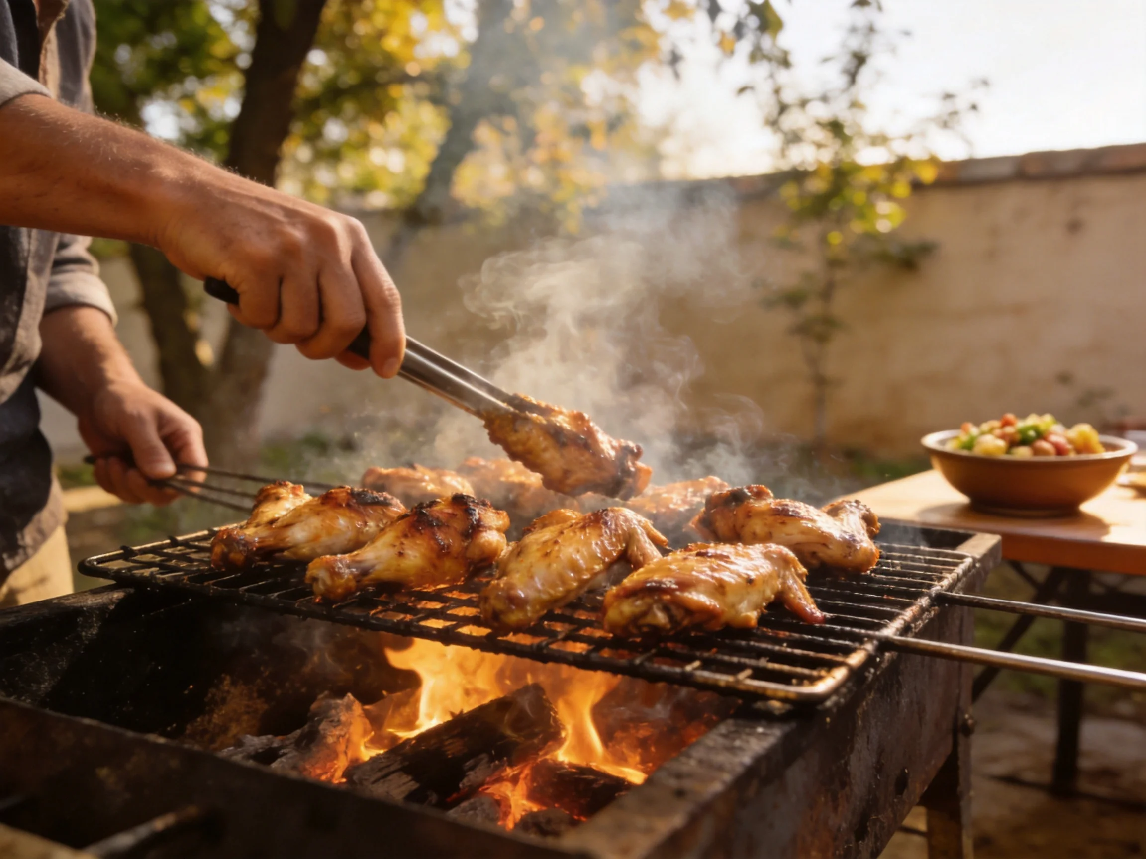 Golden-brown chicken wings sizzle over an open flame in a sunny backyard