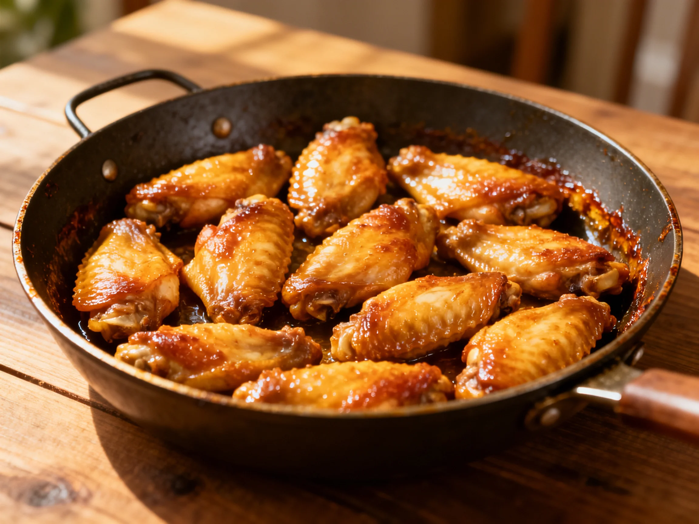 Golden-brown chicken wings sizzling in a black cast iron skillet