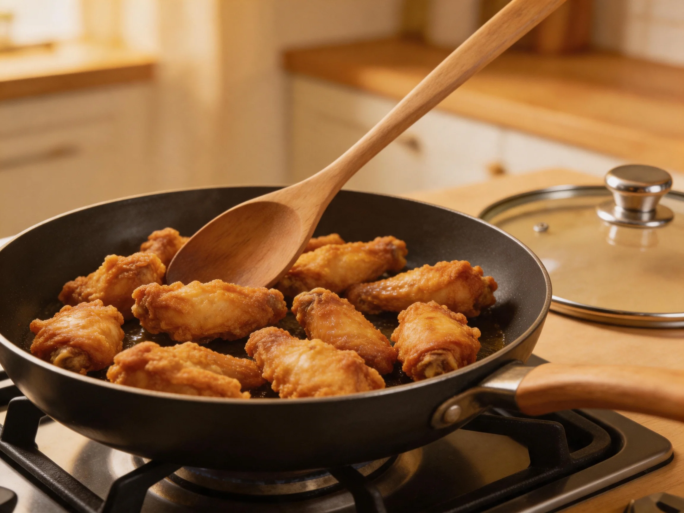 Golden-brown chicken wings sizzling in a black frying pan with a wooden spoon