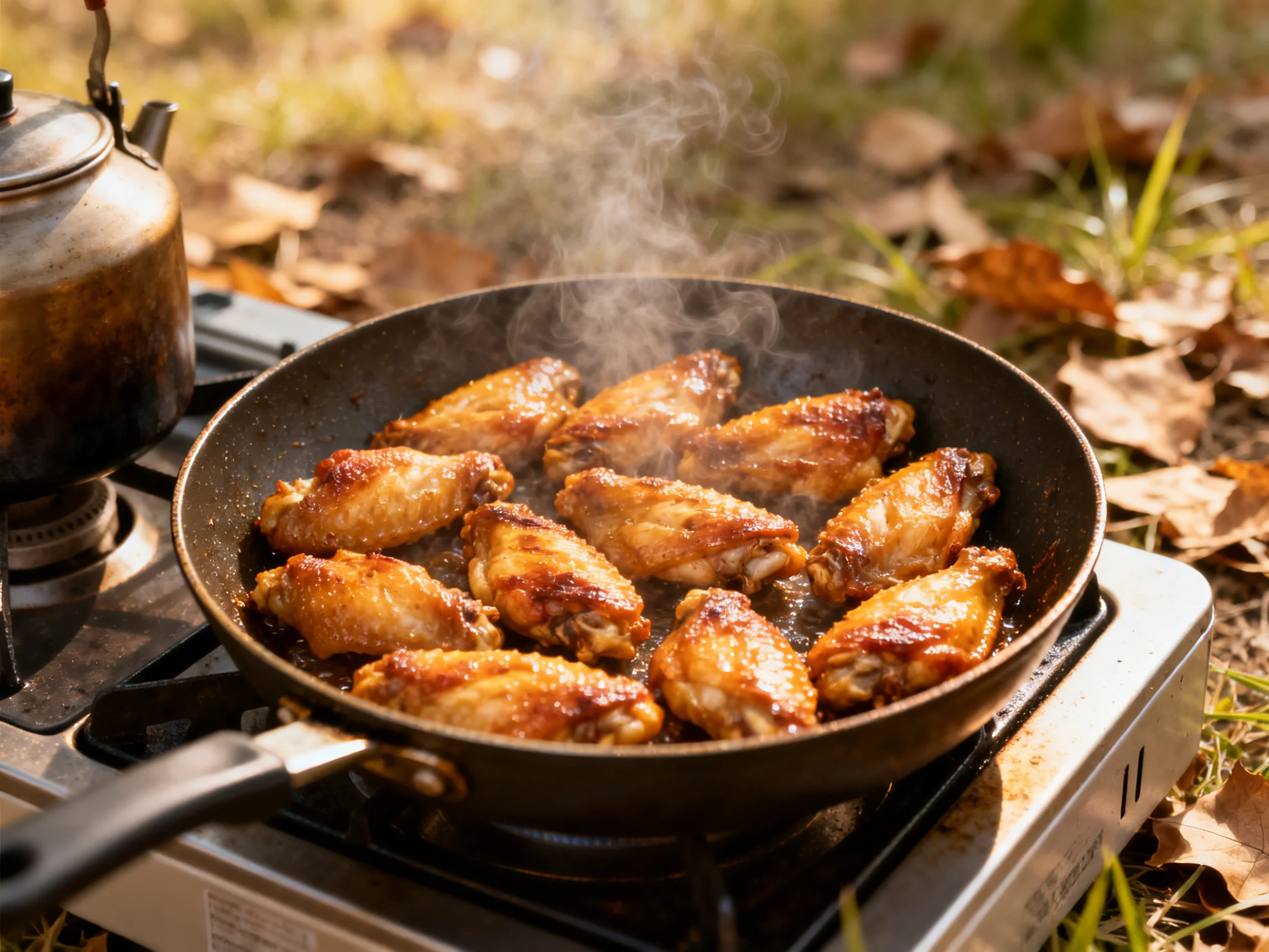 Golden-brown chicken wings sizzling in a skillet on an outdoor stove