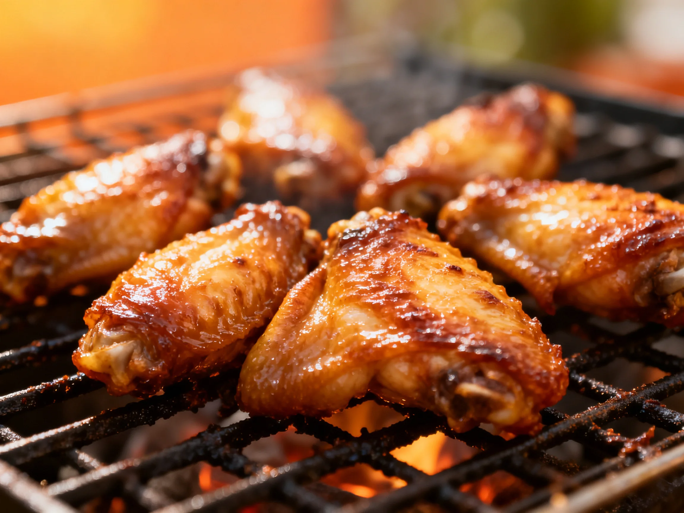 Golden-brown chicken wings sizzling on a black grill over flames