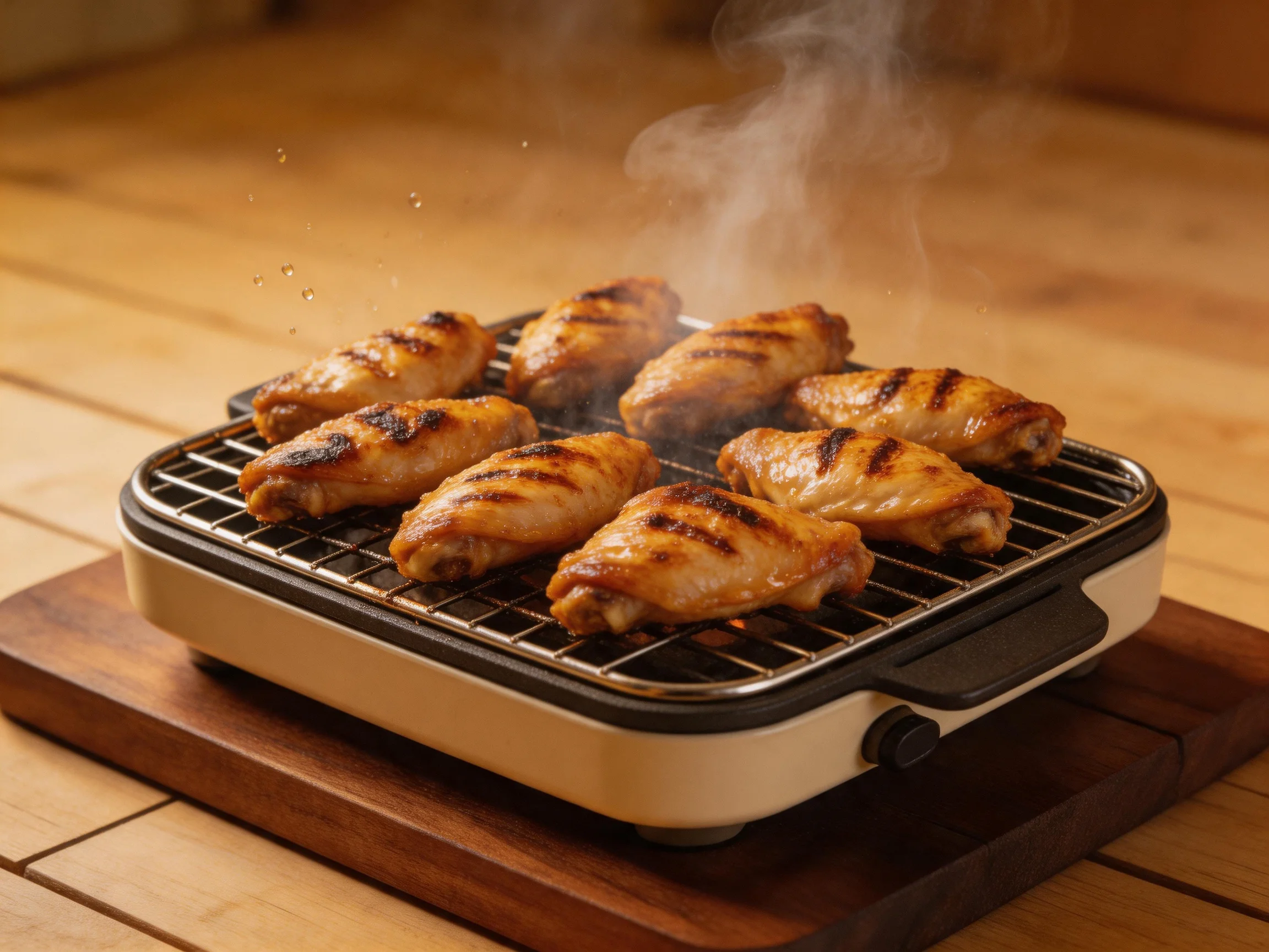 Golden-brown chicken wings sizzling on a compact electric grill