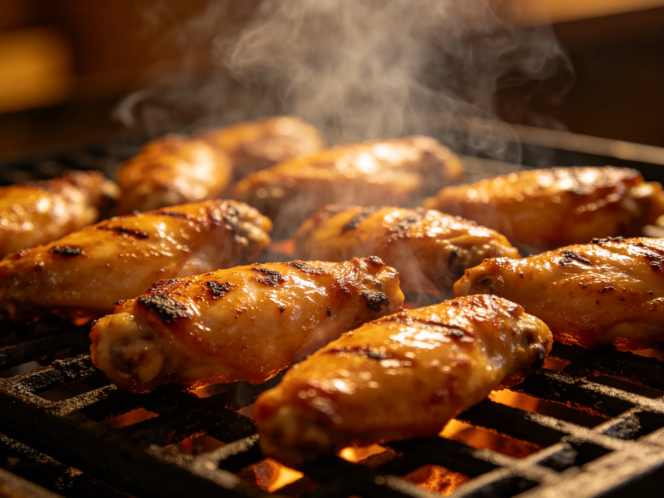 Golden-brown chicken wings sizzling on a hot grill
