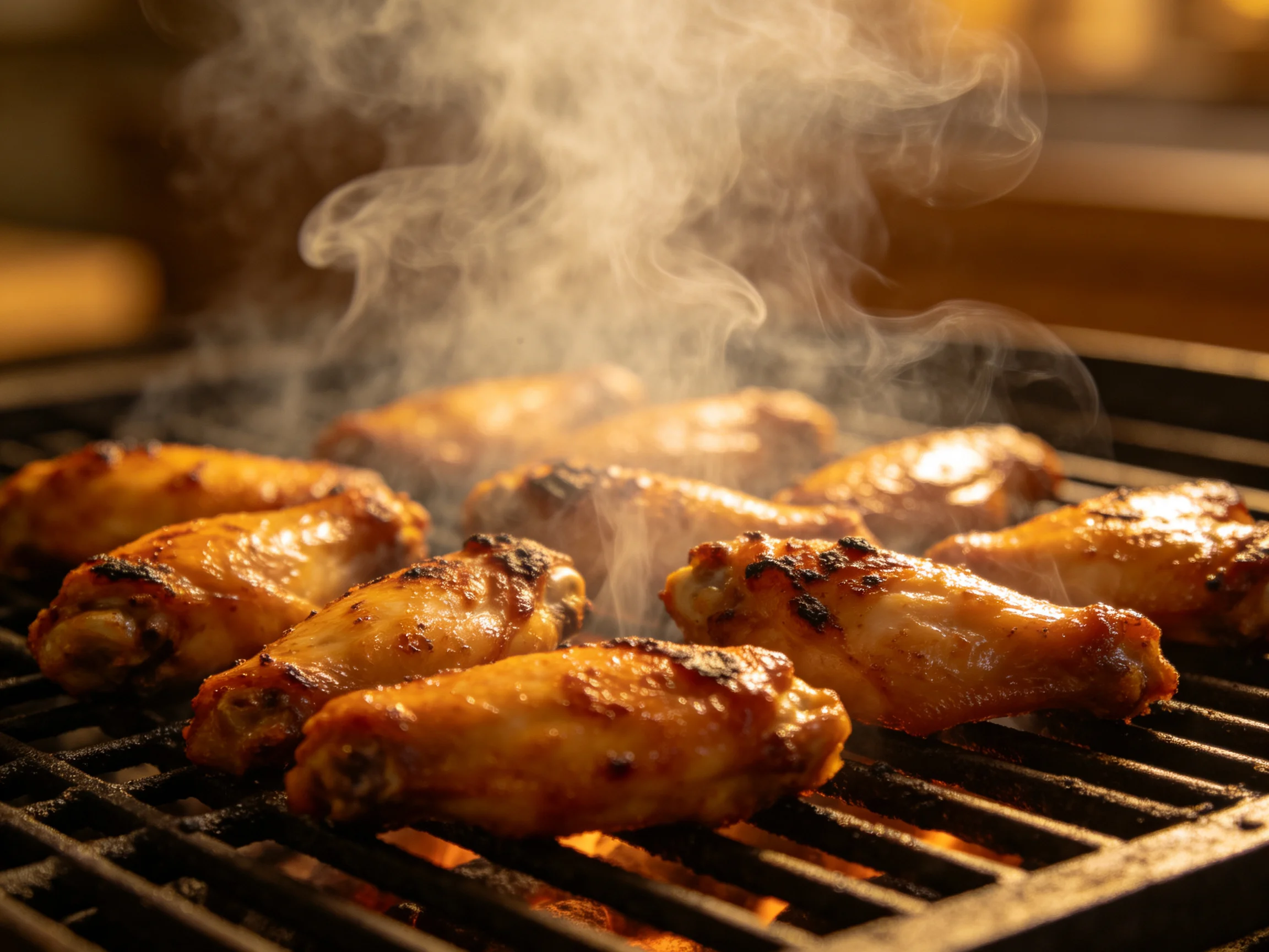 Golden-brown chicken wings sizzling on a hot grill with rising smoke