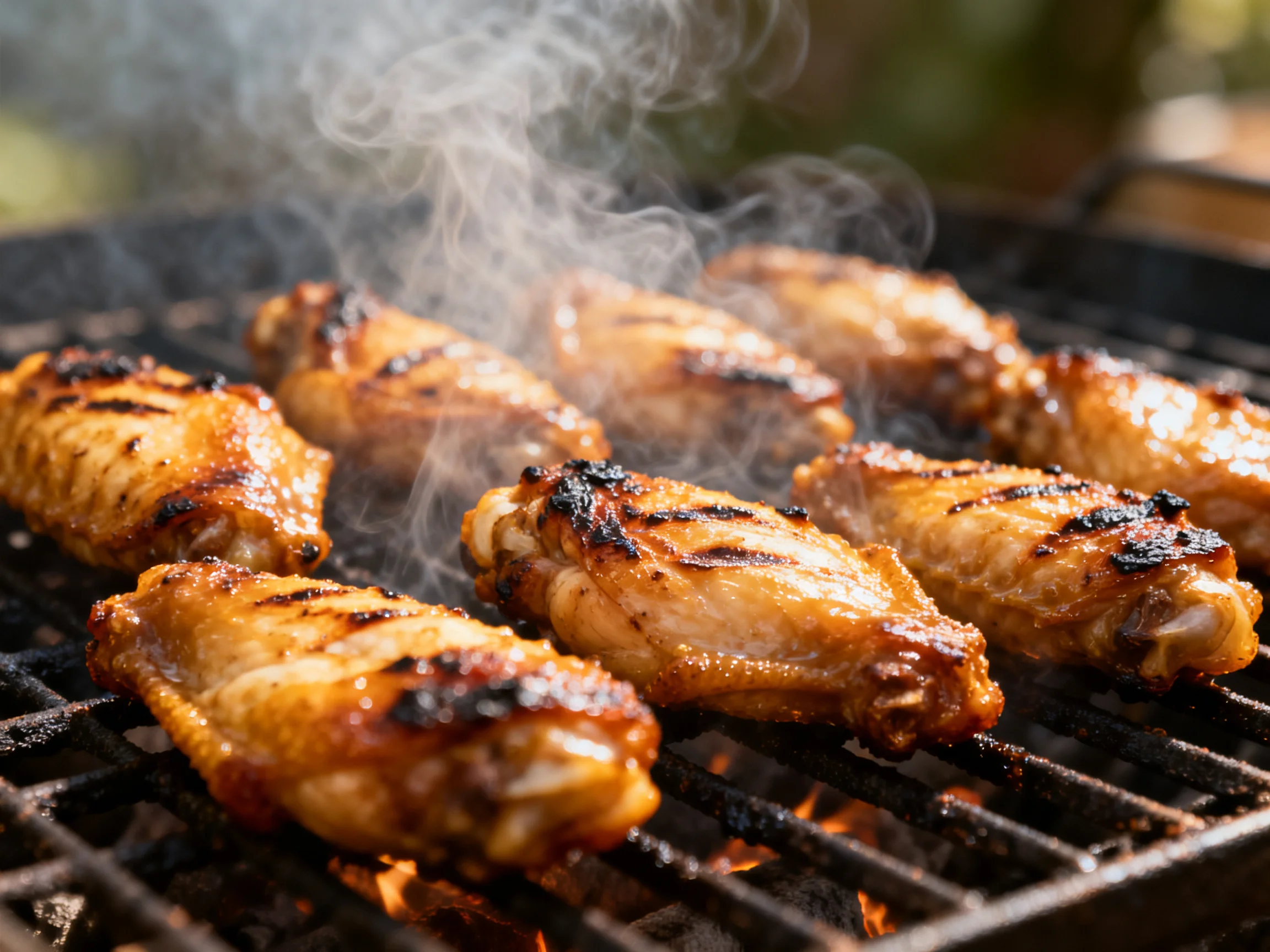 Golden-brown chicken wings sizzling on a smoky barbecue grill
