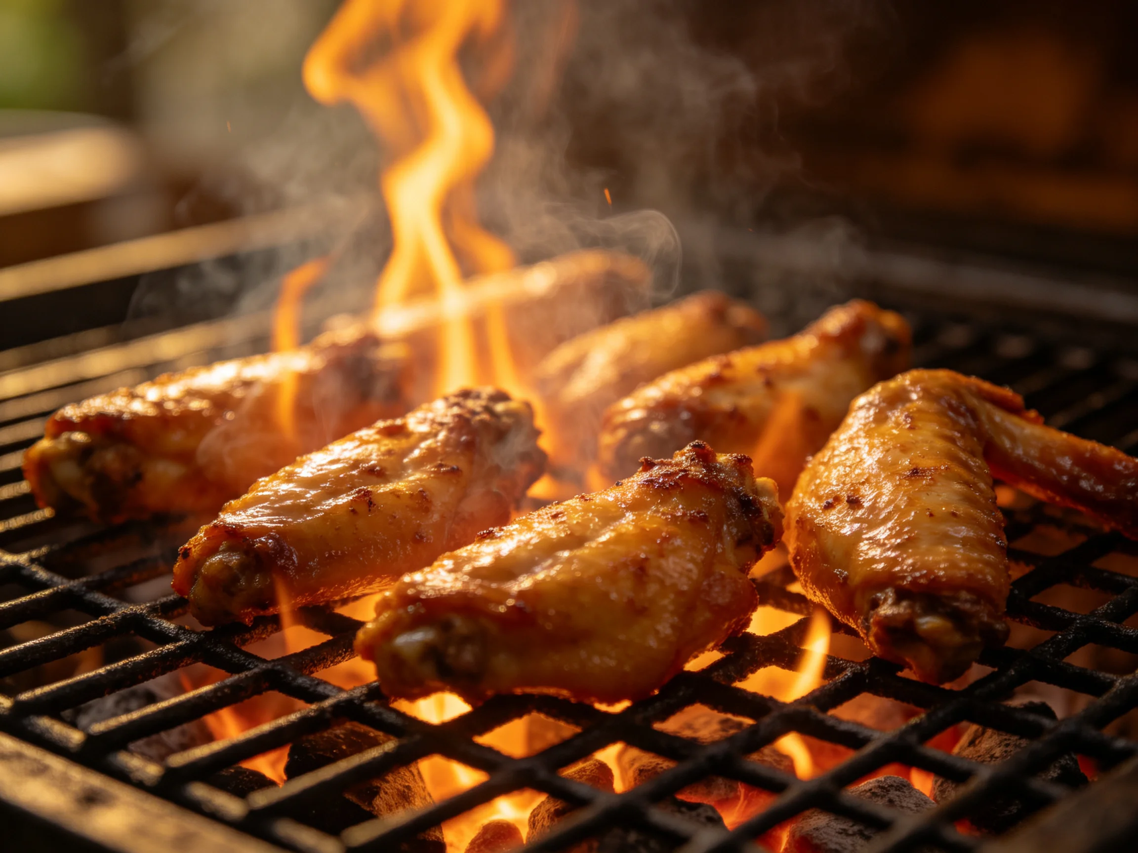 Golden-brown chicken wings sizzling over bright orange flames on a black grill