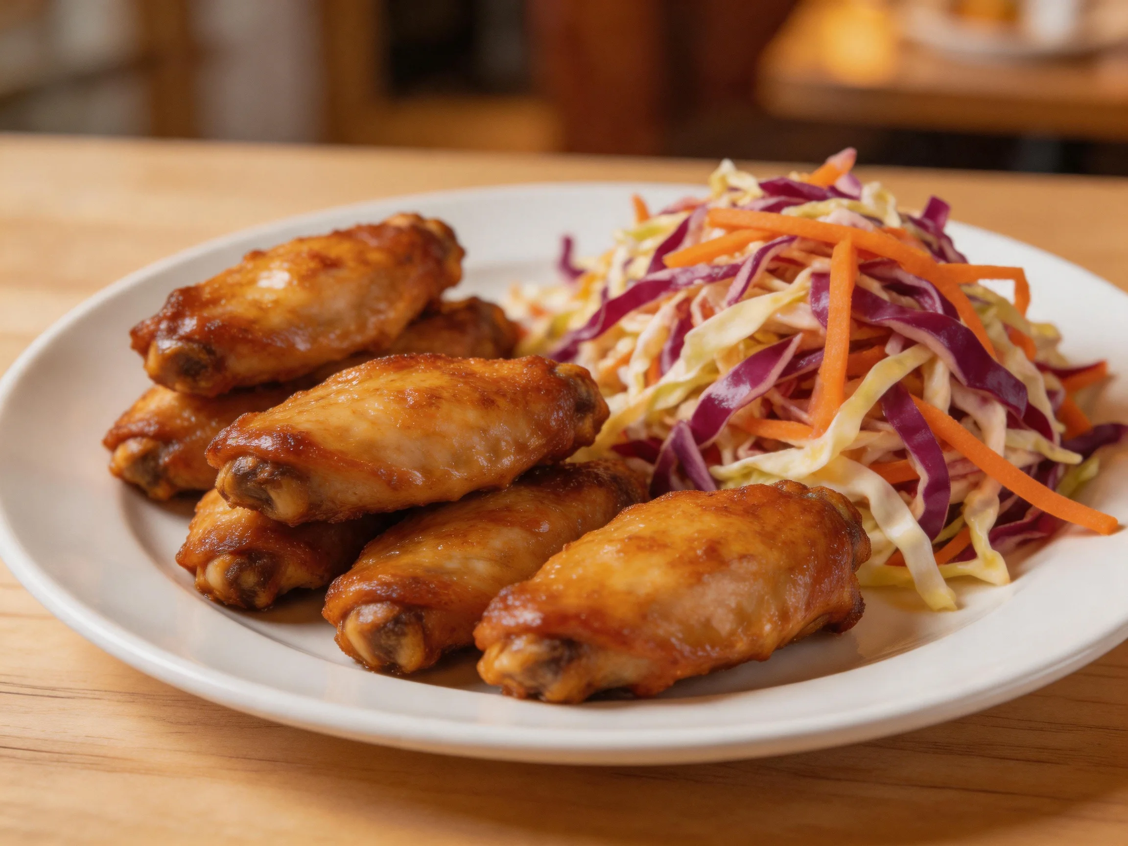 Golden-brown chicken wings with colorful coleslaw on a white plate