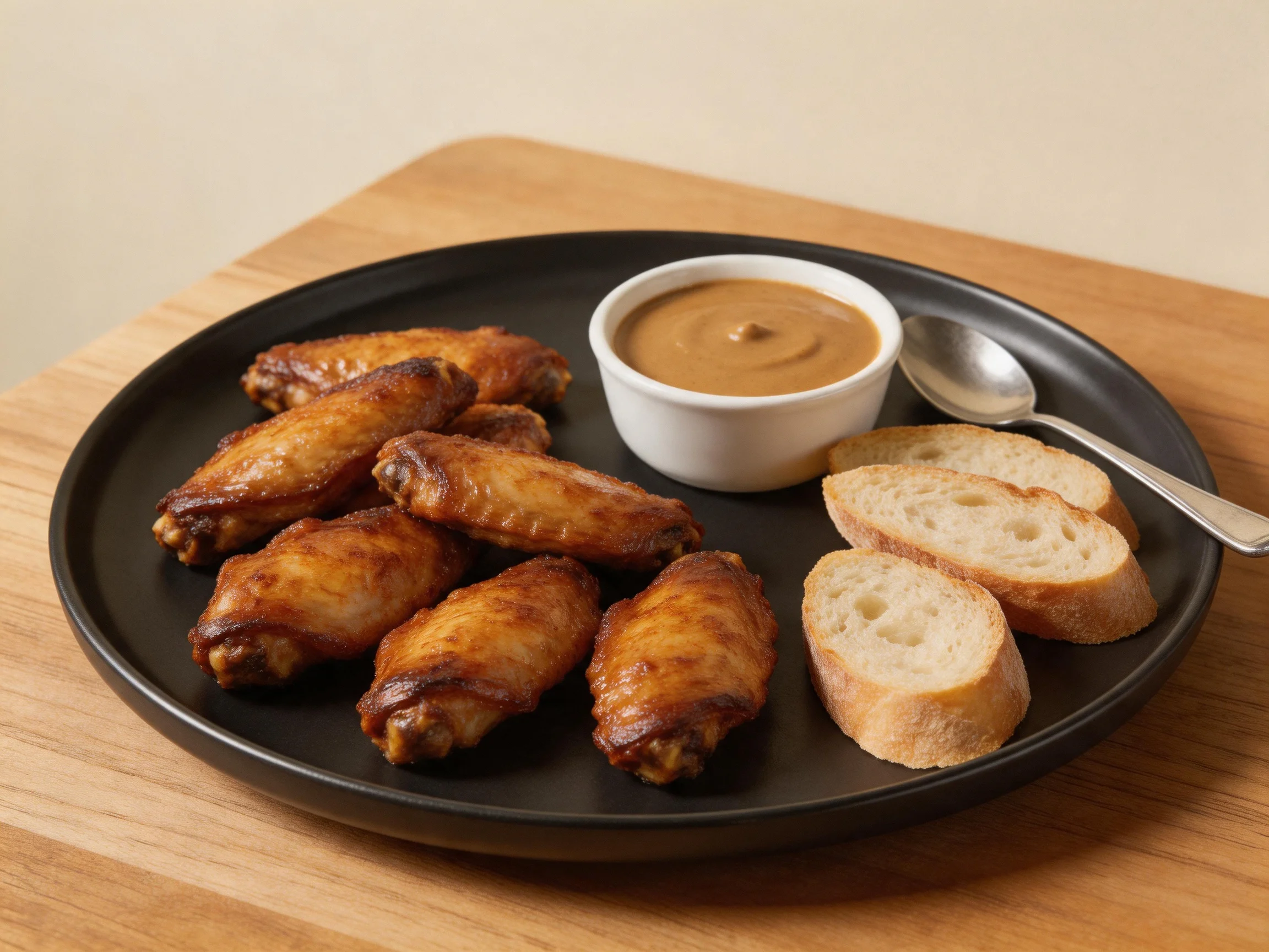 Golden-brown chicken wings with creamy sauce and crusty bread slices