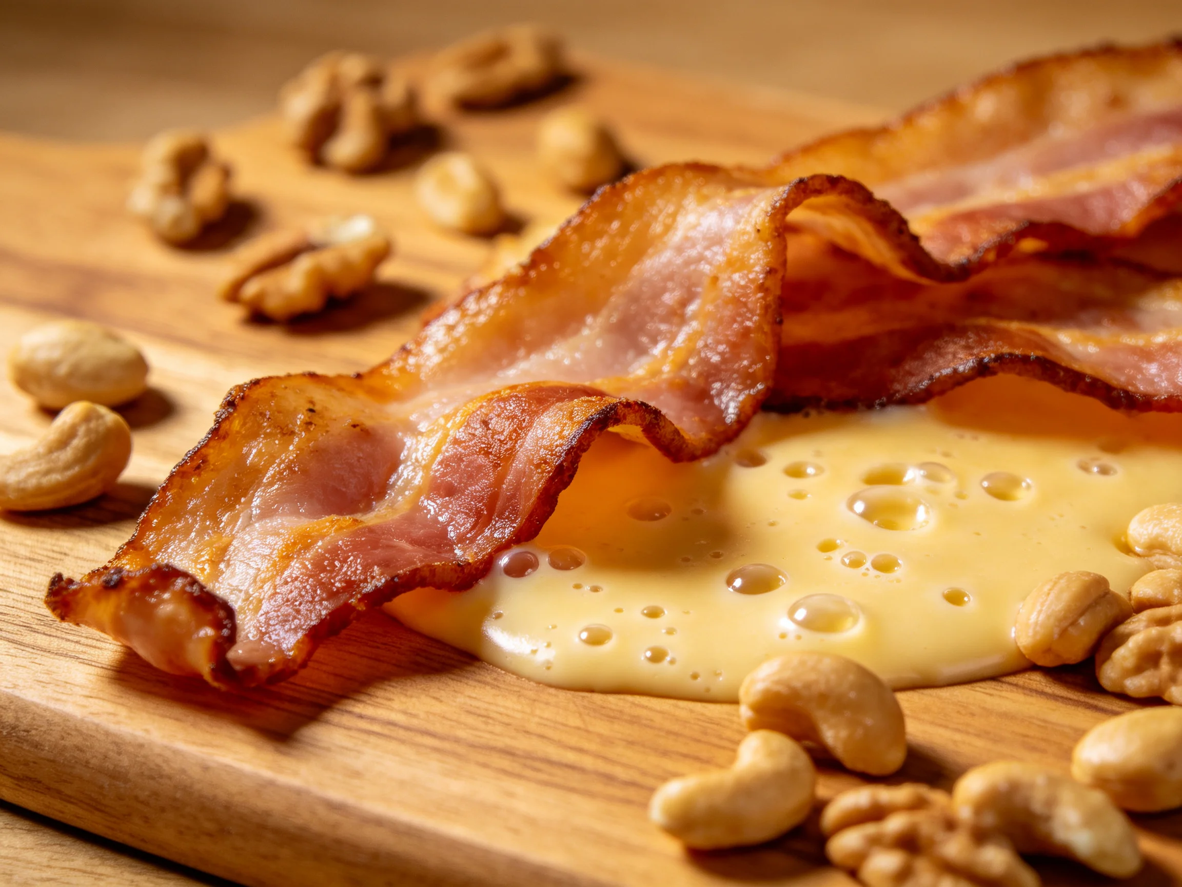 Golden-brown crispy bacon, melted cheese, and assorted nuts on a wooden board