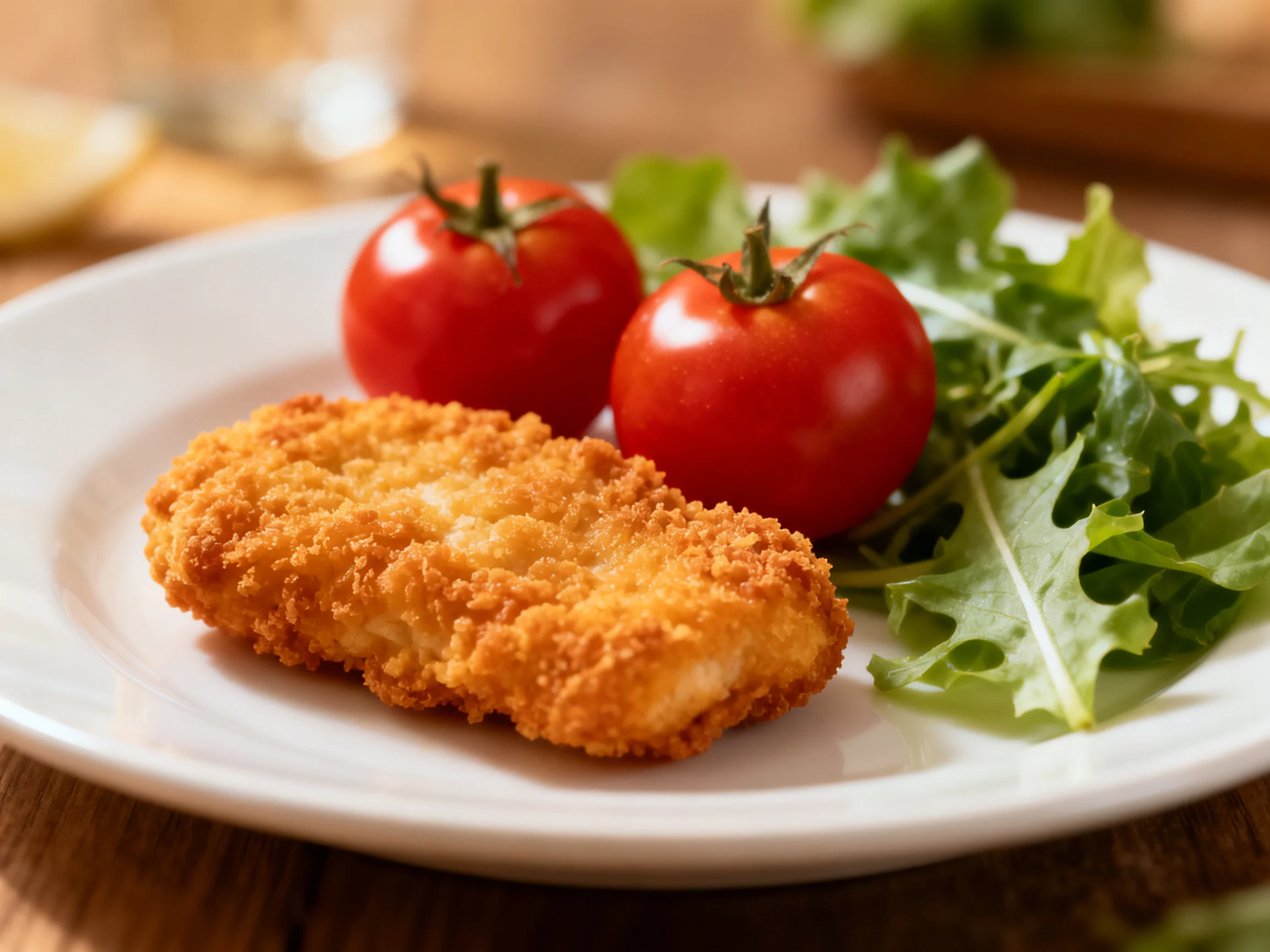 Golden-brown crispy cutlet, red cherry tomatoes, and arugula on a white plate