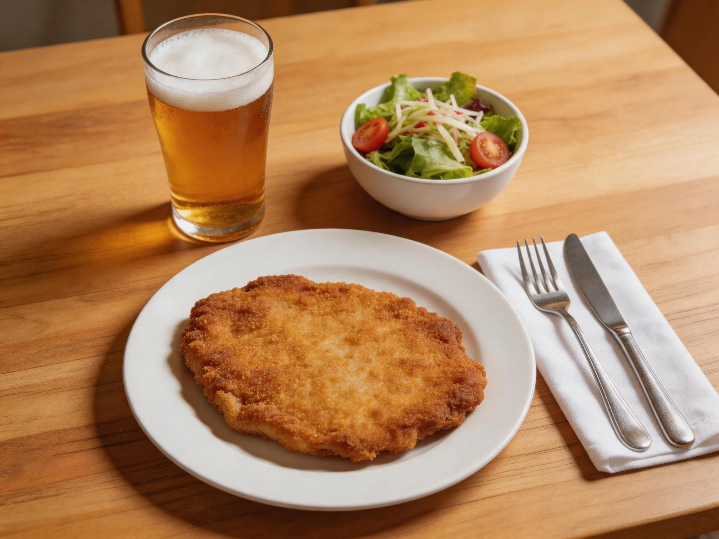 Golden-brown cutlet, fresh salad, amber beer on wooden table