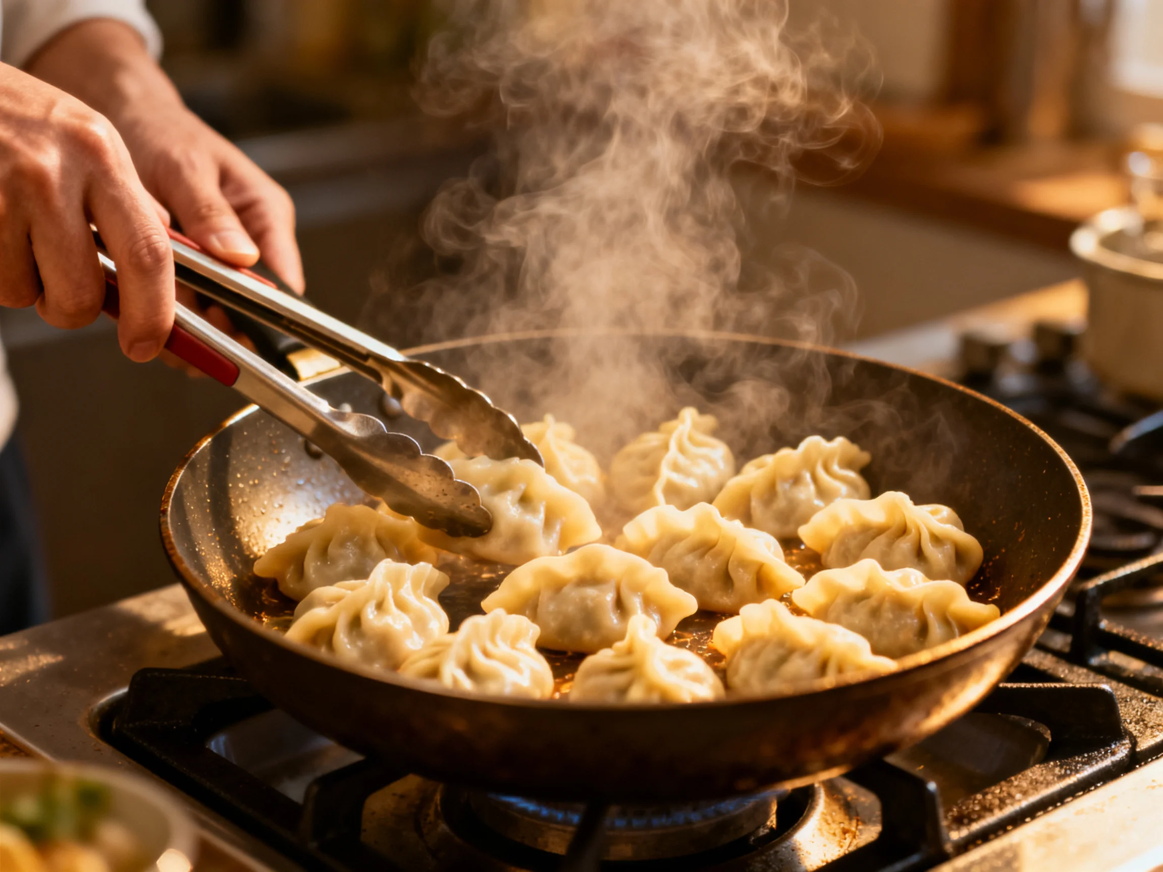 Golden-brown dumplings frying in a hot skillet with rising steam