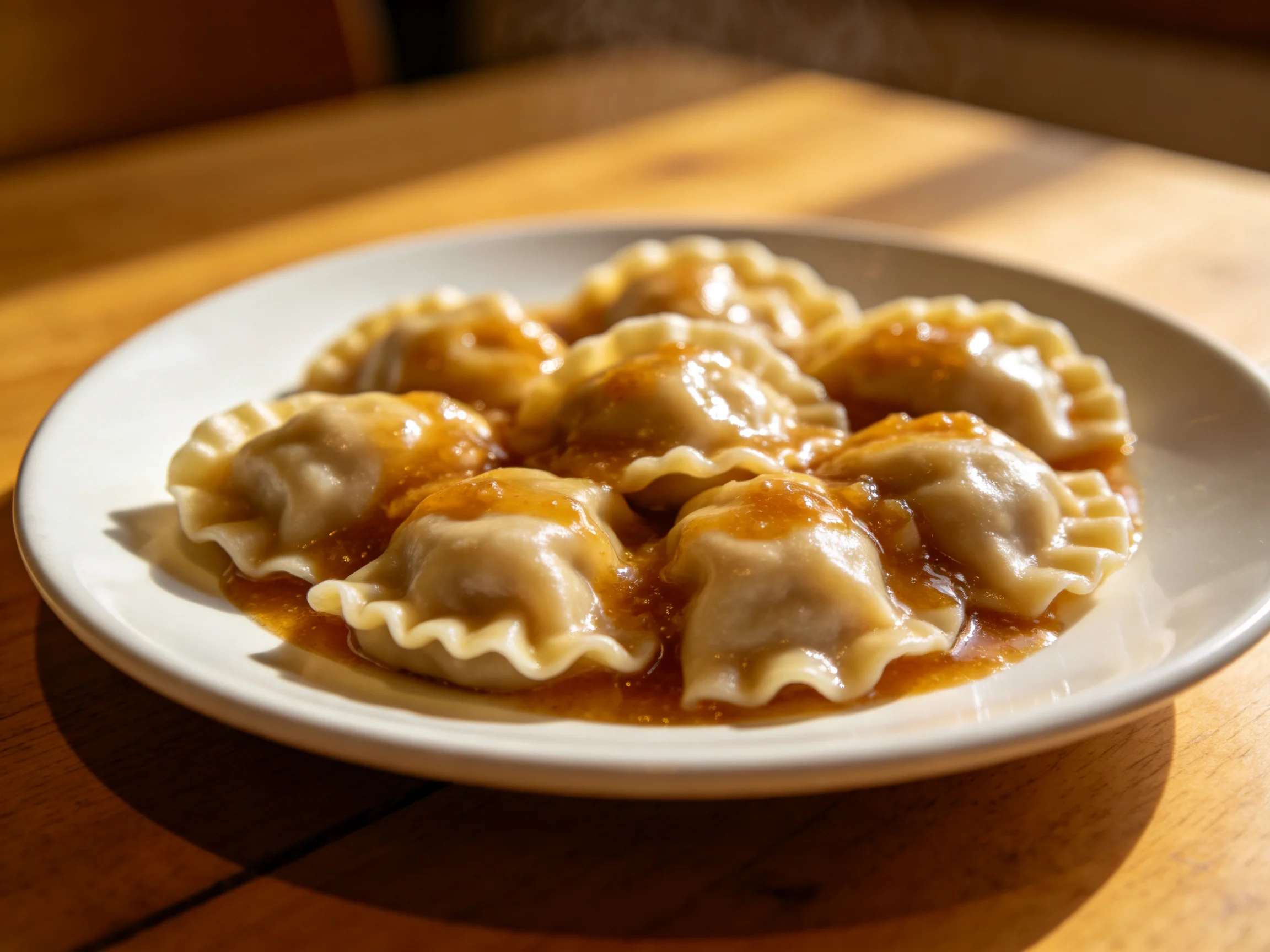 Golden-brown dumplings with savory sauce on a white plate