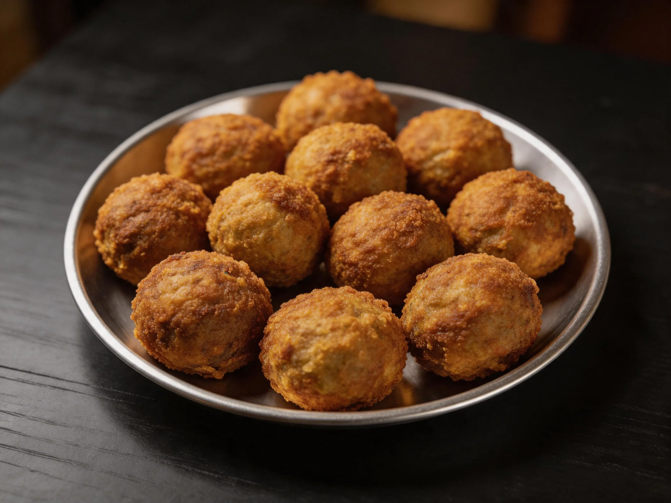 Golden-brown fried balls displayed on a metallic plate