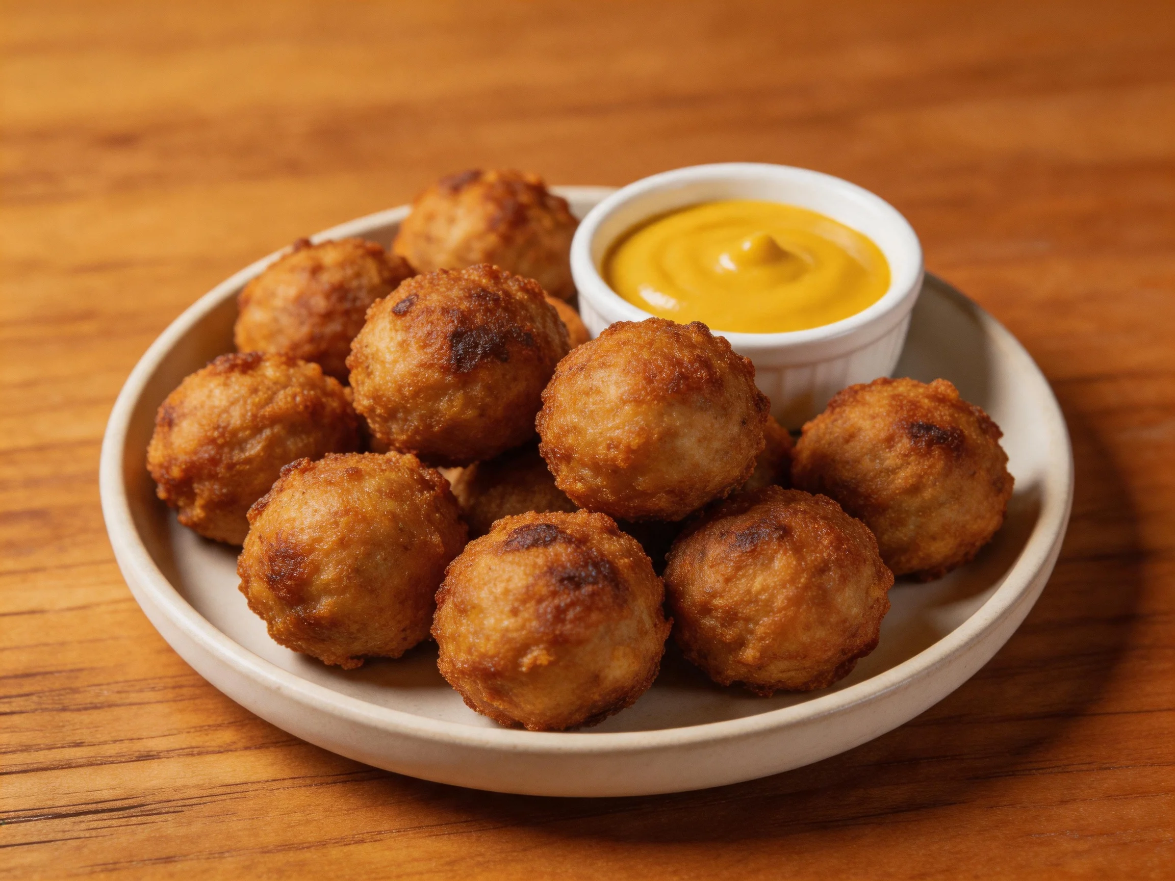 Golden-brown fried balls served with a small white ramekin of yellow sauce