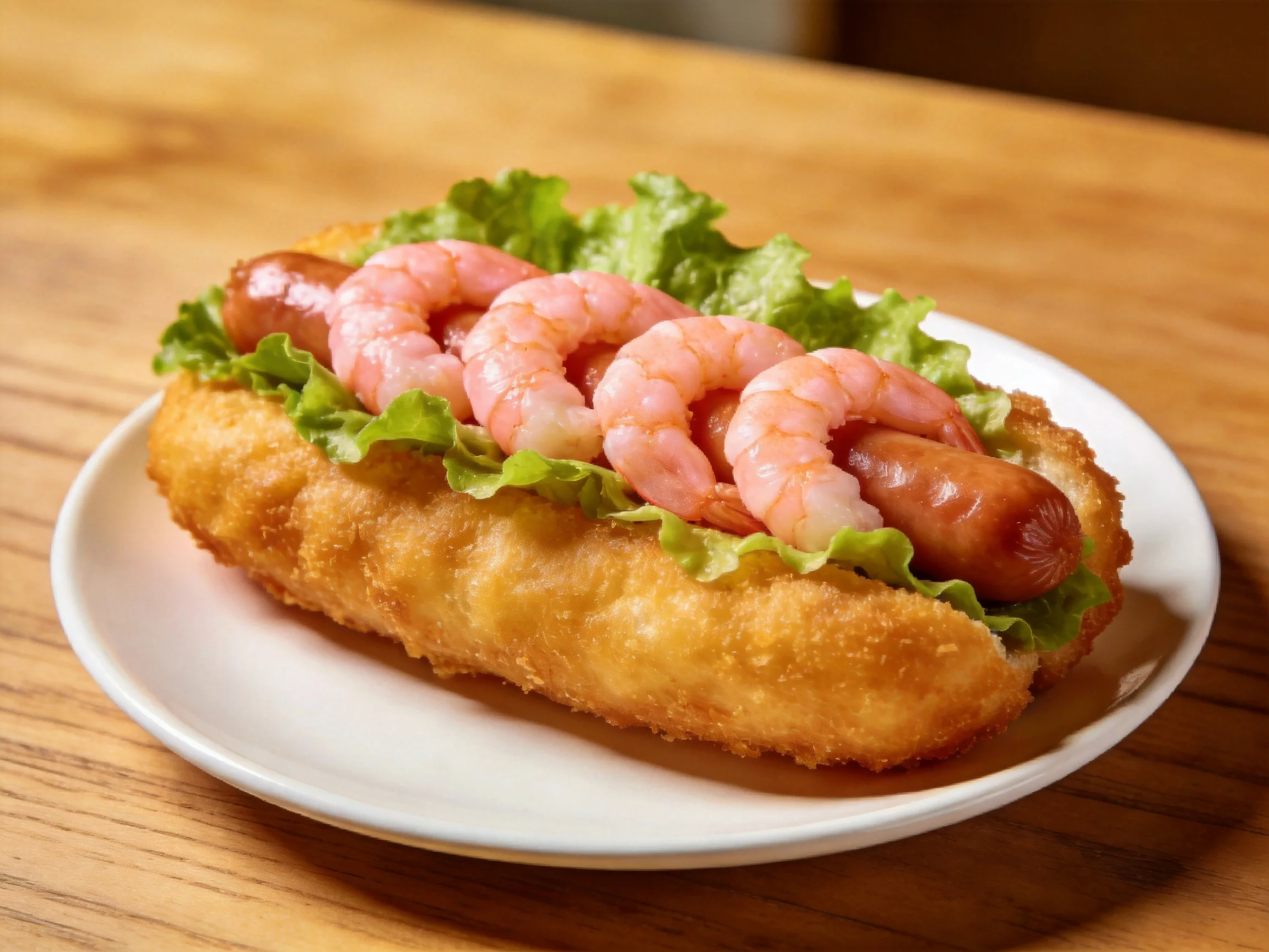 Golden-brown fried bun with pink shrimp, sausage, and green lettuce