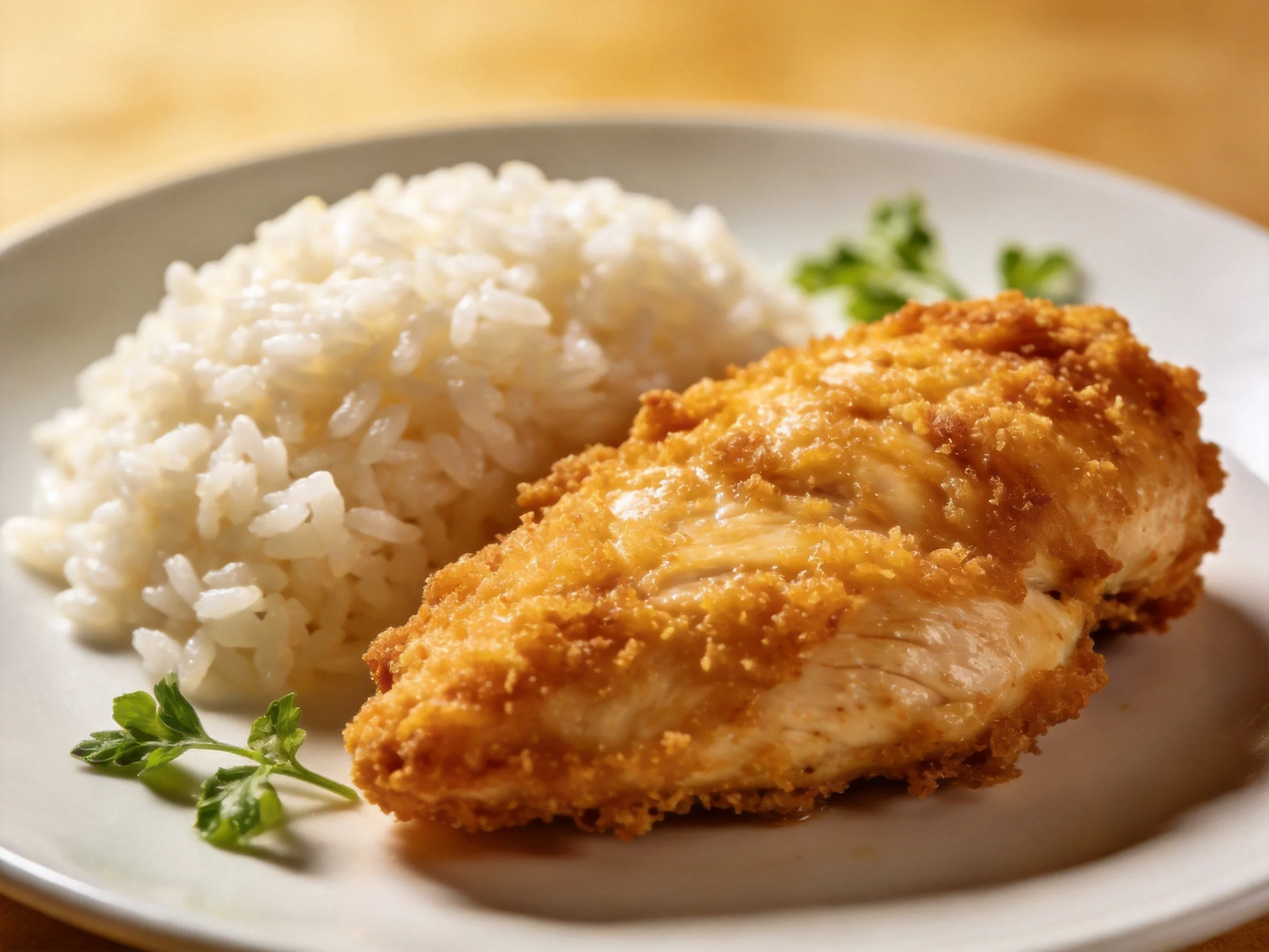 Golden-brown fried chicken alongside a mound of white rice on a plate