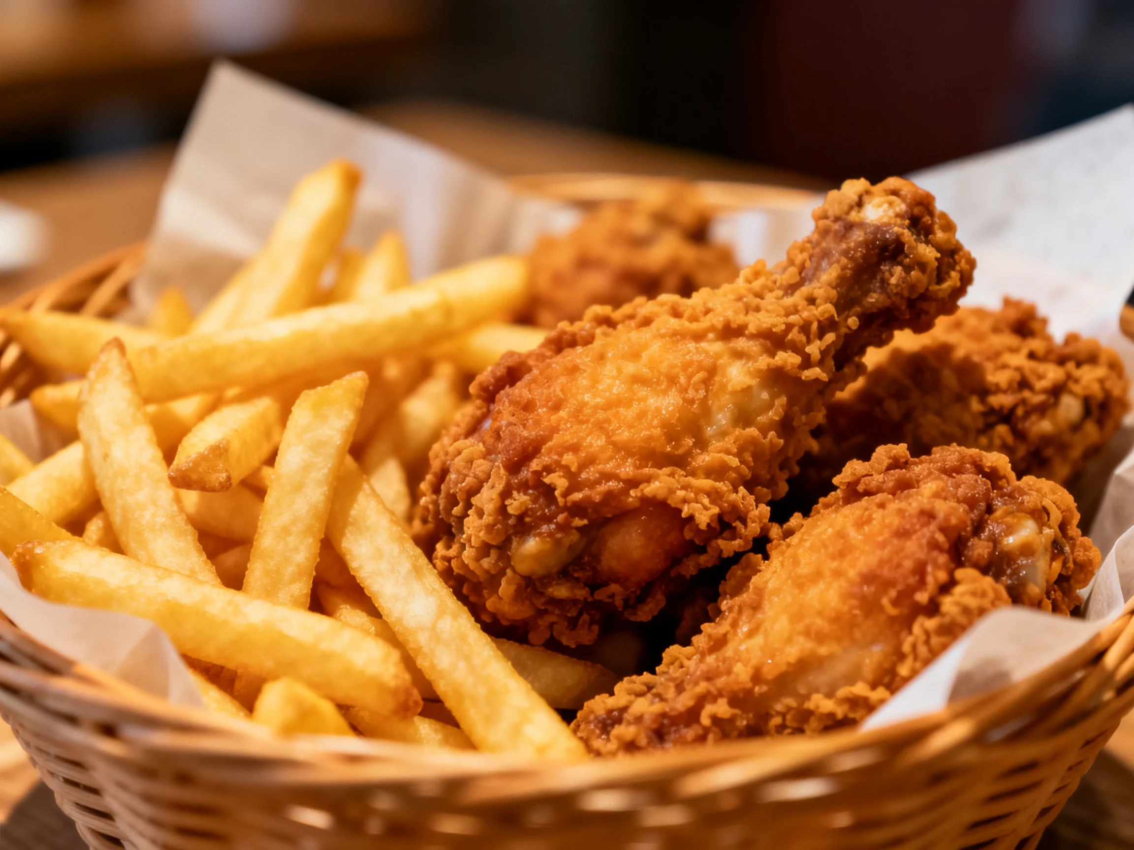 Golden-brown fried chicken and crispy French fries in a wicker basket