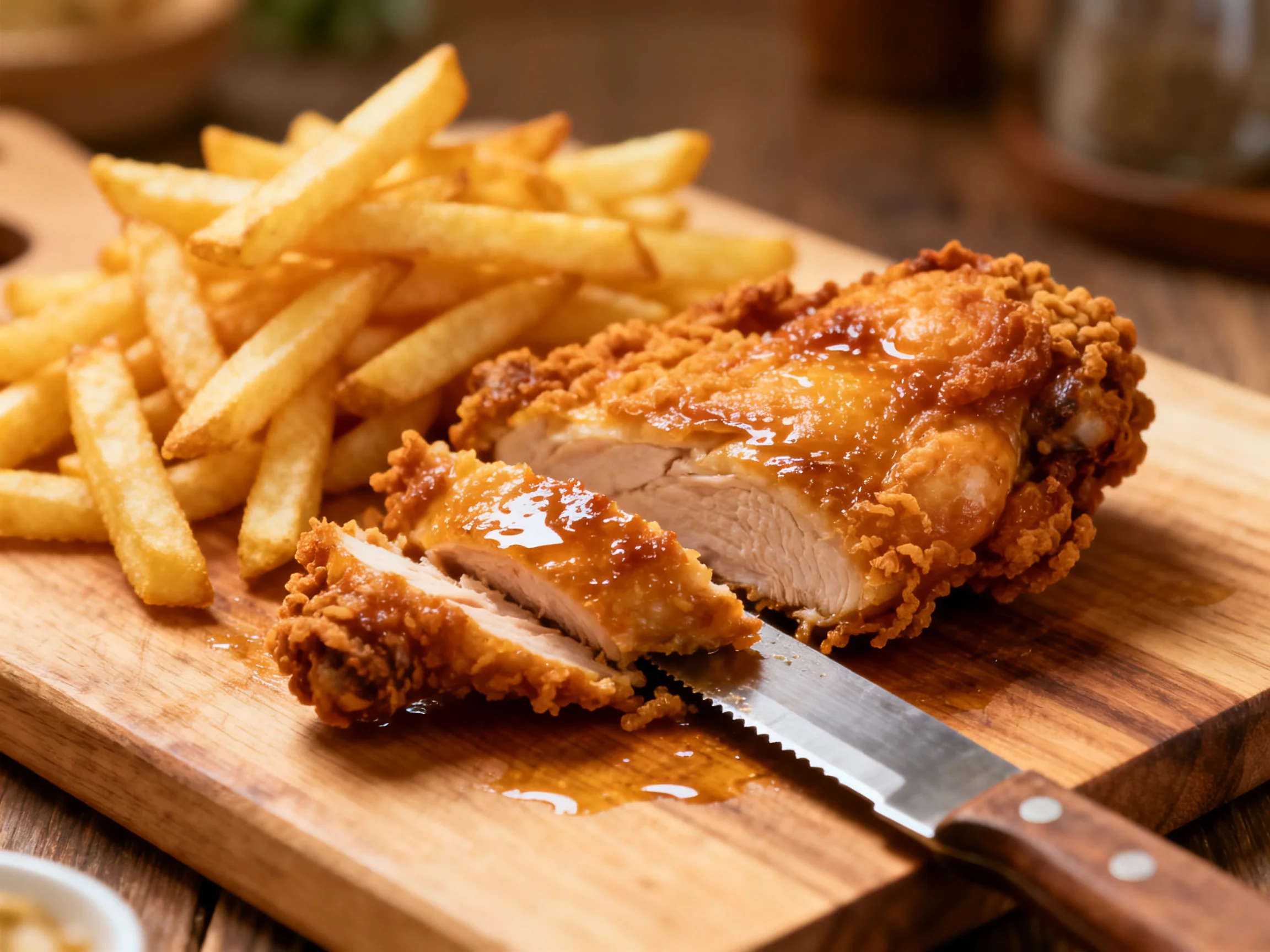 Golden-brown fried chicken and crispy French fries on a wooden cutting board