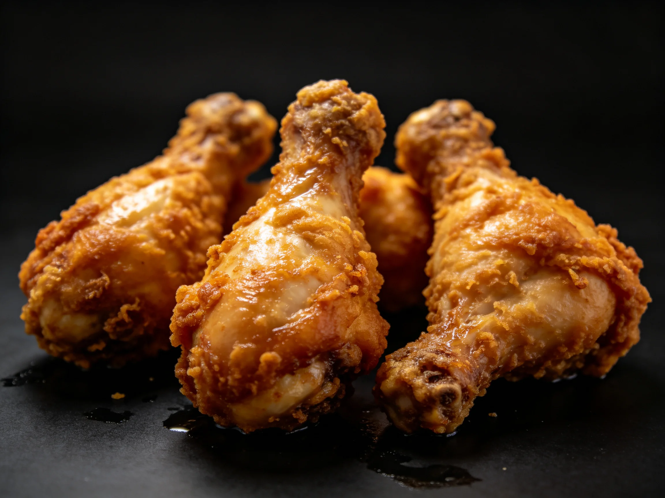 Golden-brown fried chicken drumsticks on a dark surface