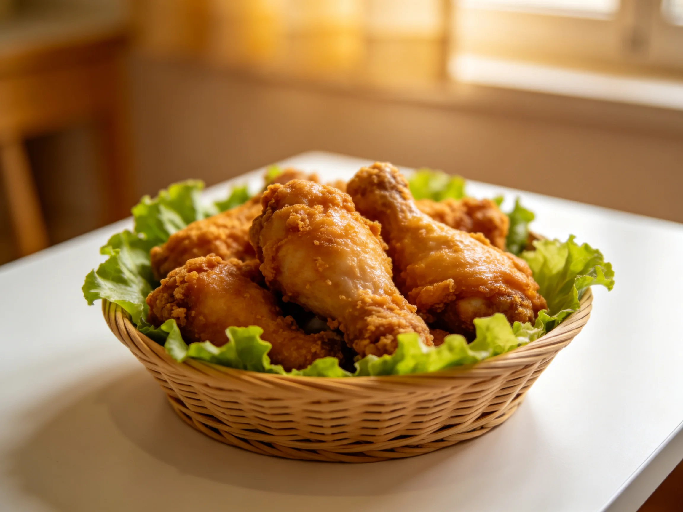 Golden-brown fried chicken in a wicker basket with green lettuce