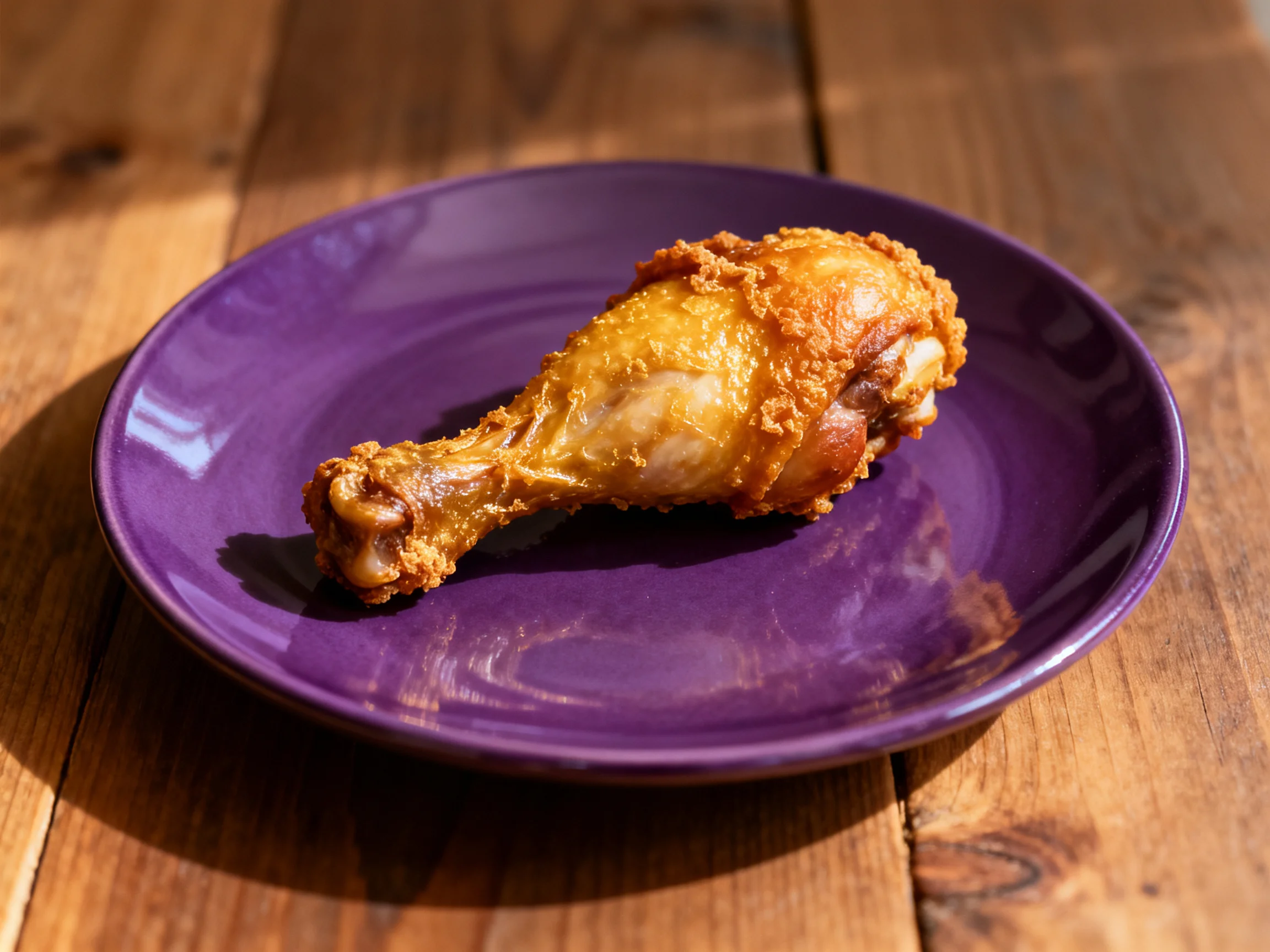 Golden-brown fried chicken leg on a deep purple plate