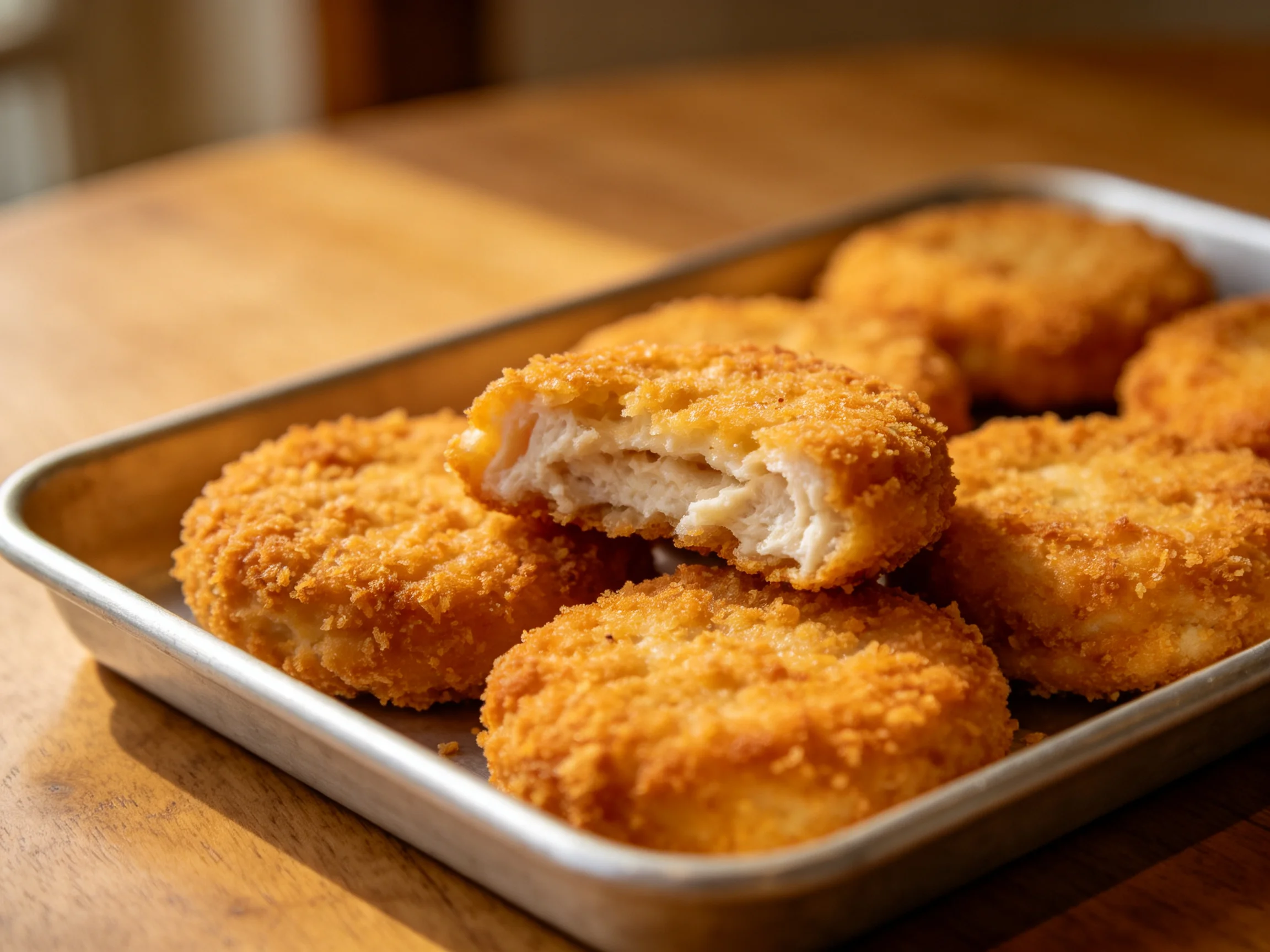 Golden-brown fried chicken pieces in a rectangular metal tray