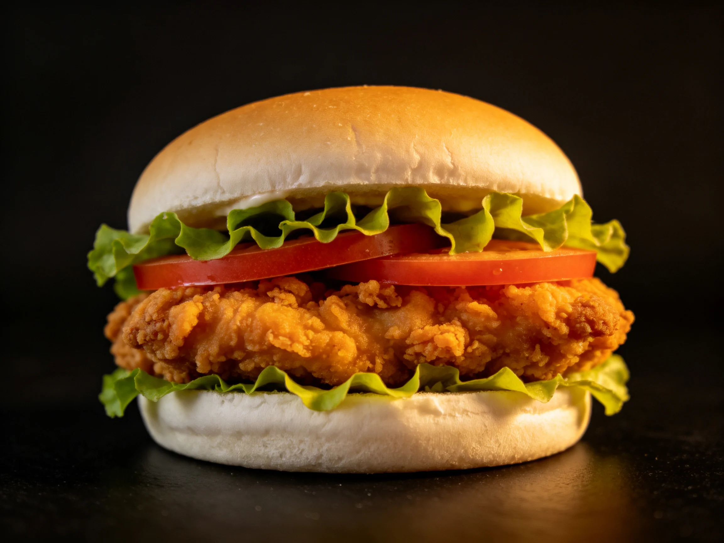 Golden-brown fried chicken sandwich with fresh lettuce and tomatoes