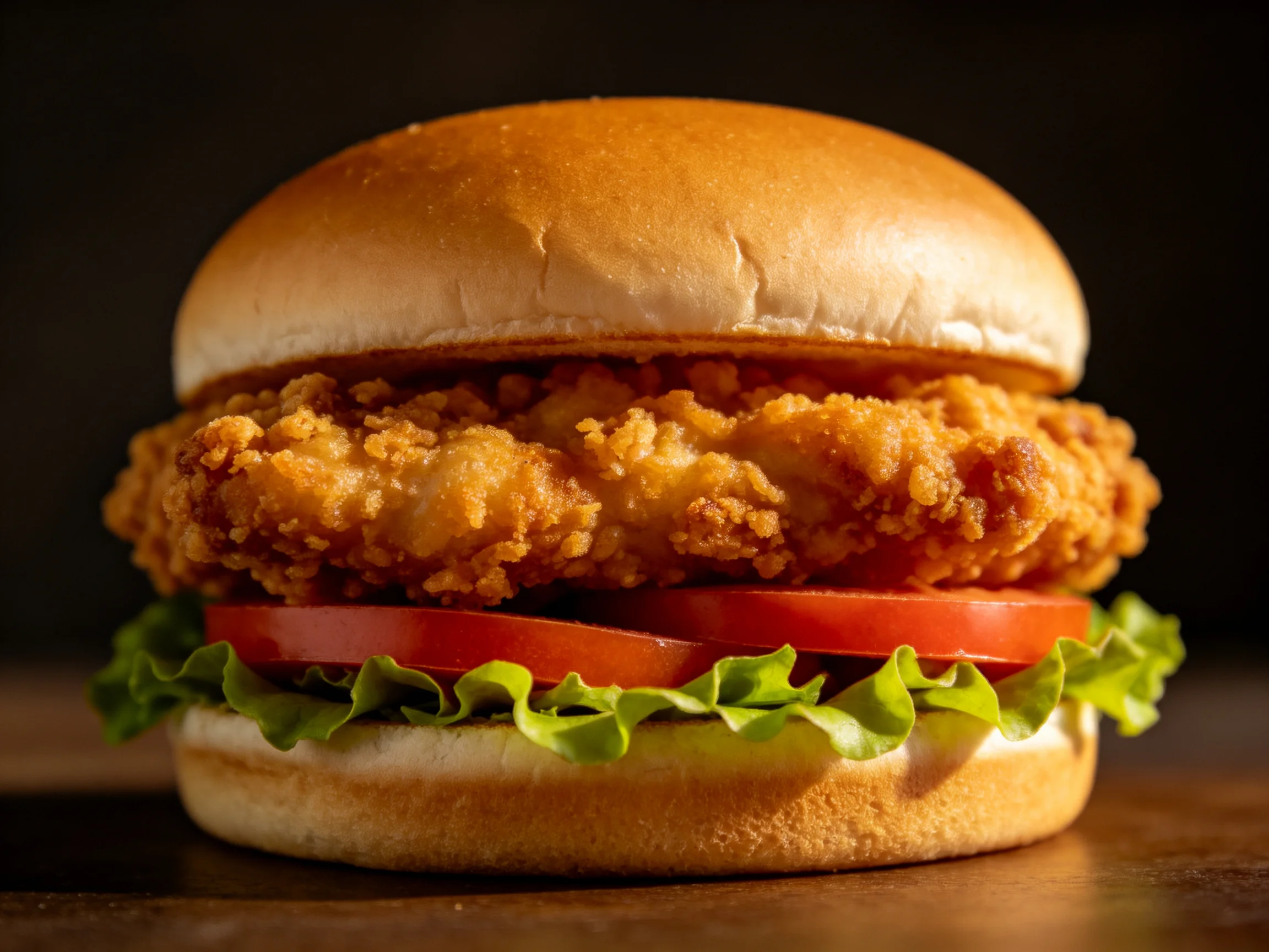 Golden-brown fried chicken sandwich with fresh tomato and lettuce