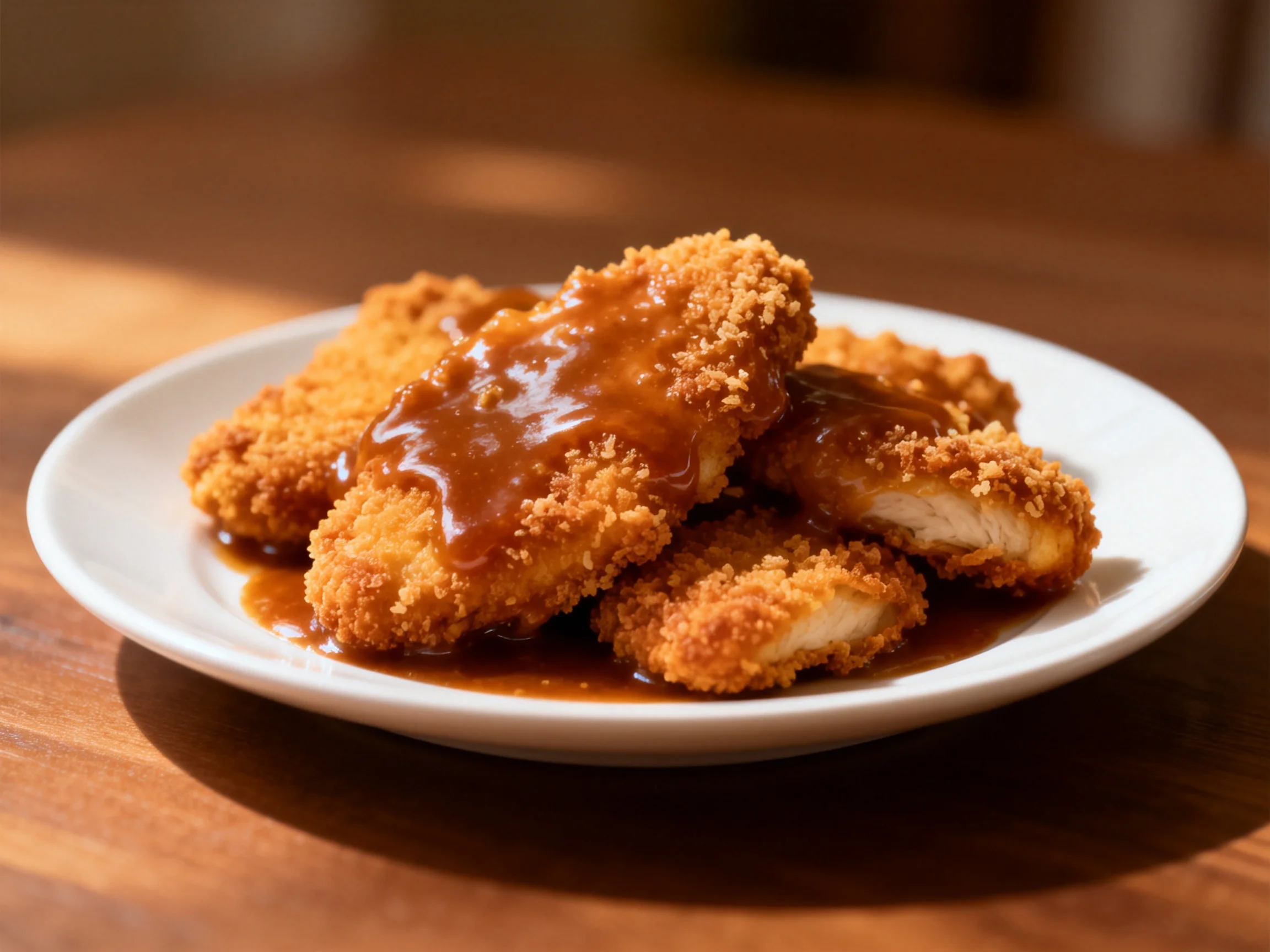 Golden-brown fried chicken tenders drizzled with caramel sauce