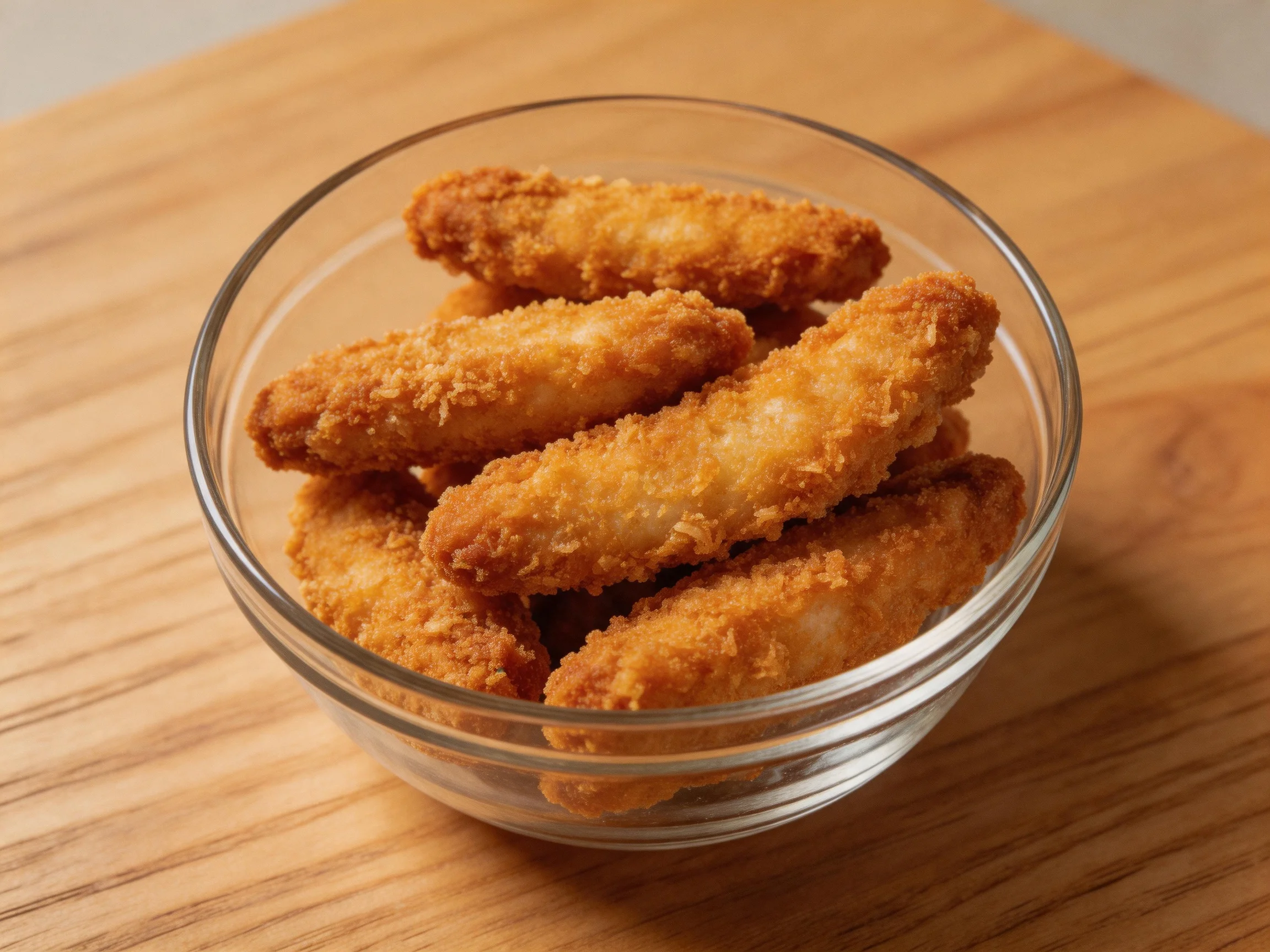 Golden-brown fried chicken tenders in a clear glass bowl