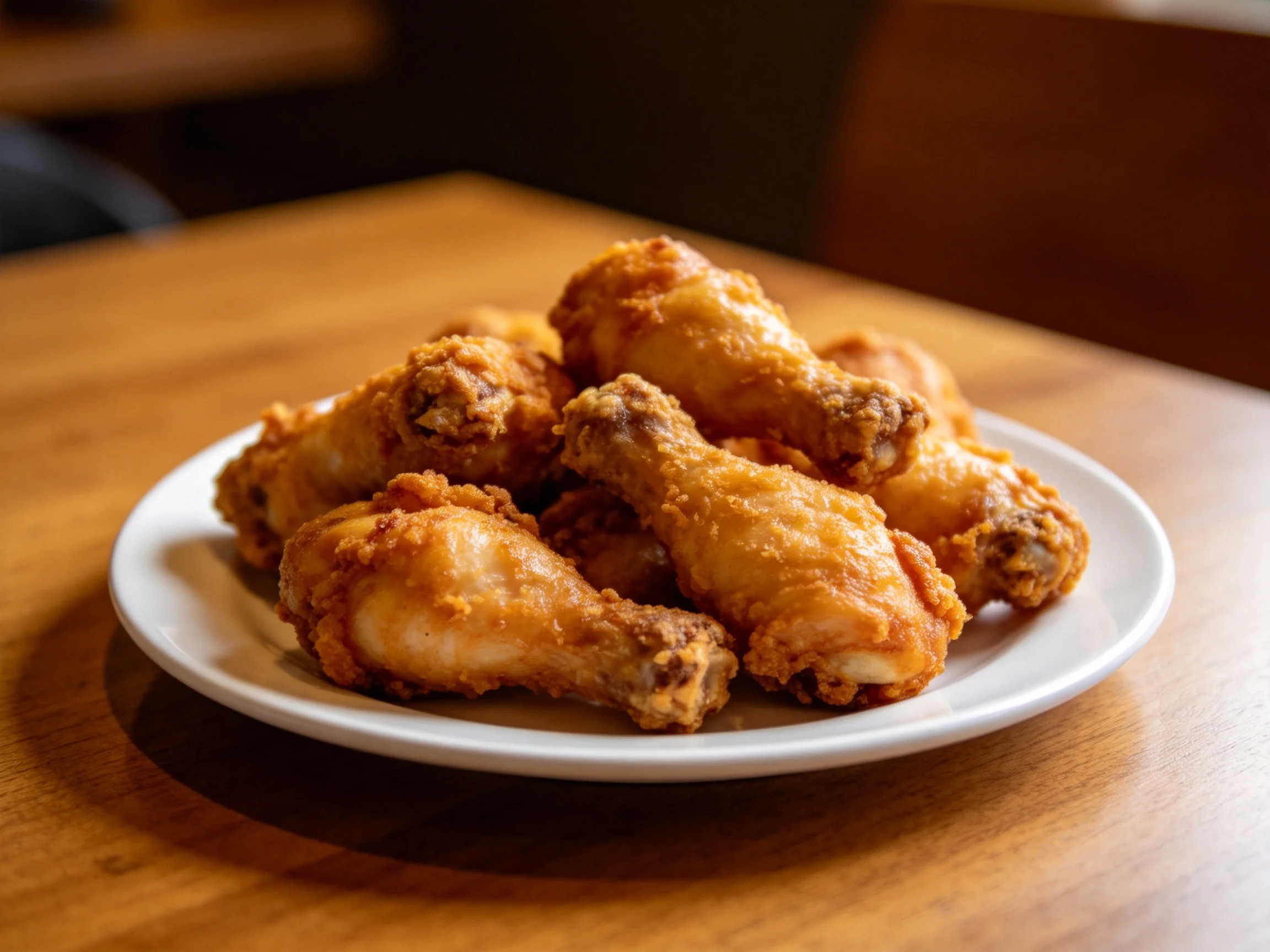 Golden-brown fried chicken wings arranged on a white plate