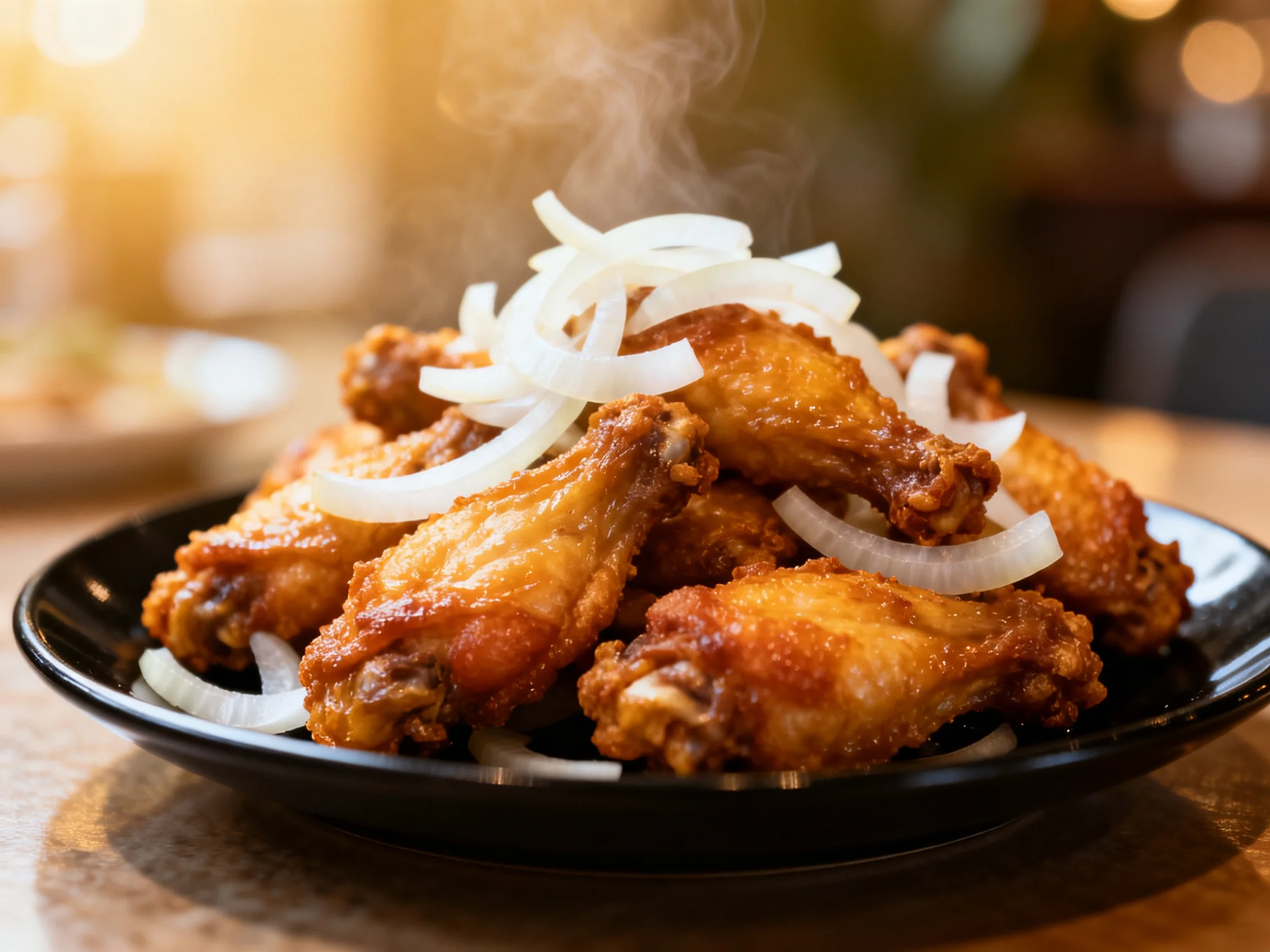 Golden-brown fried chicken wings garnished with fresh white onion slices