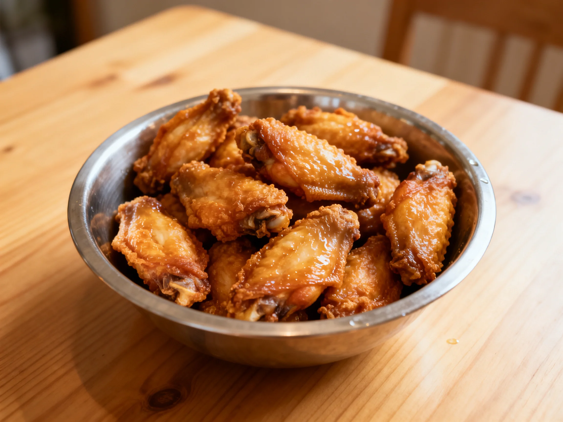 Golden-brown fried chicken wings in a stainless steel bowl