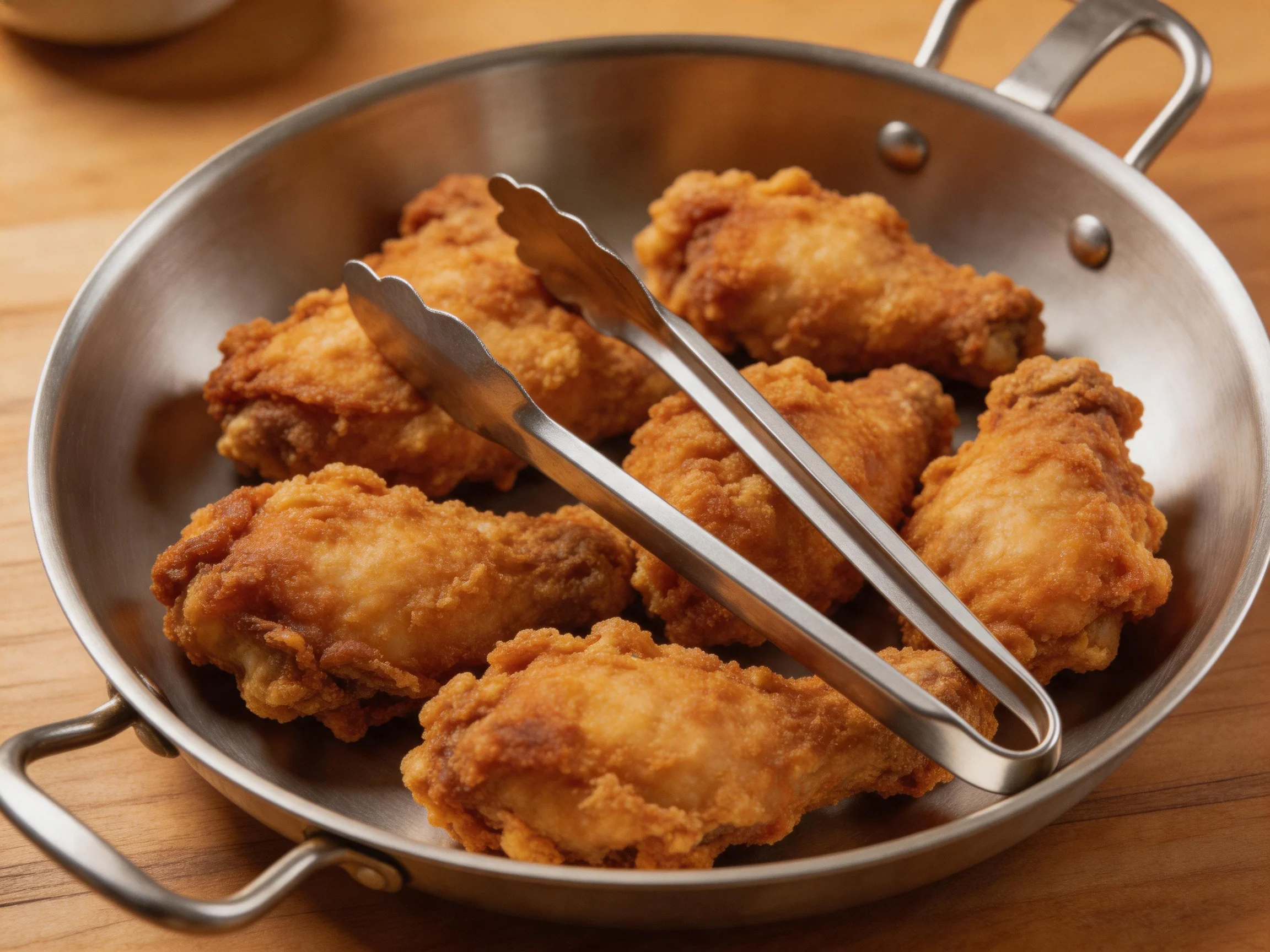 Golden-brown fried chicken wings in a stainless steel pan with metal tongs
