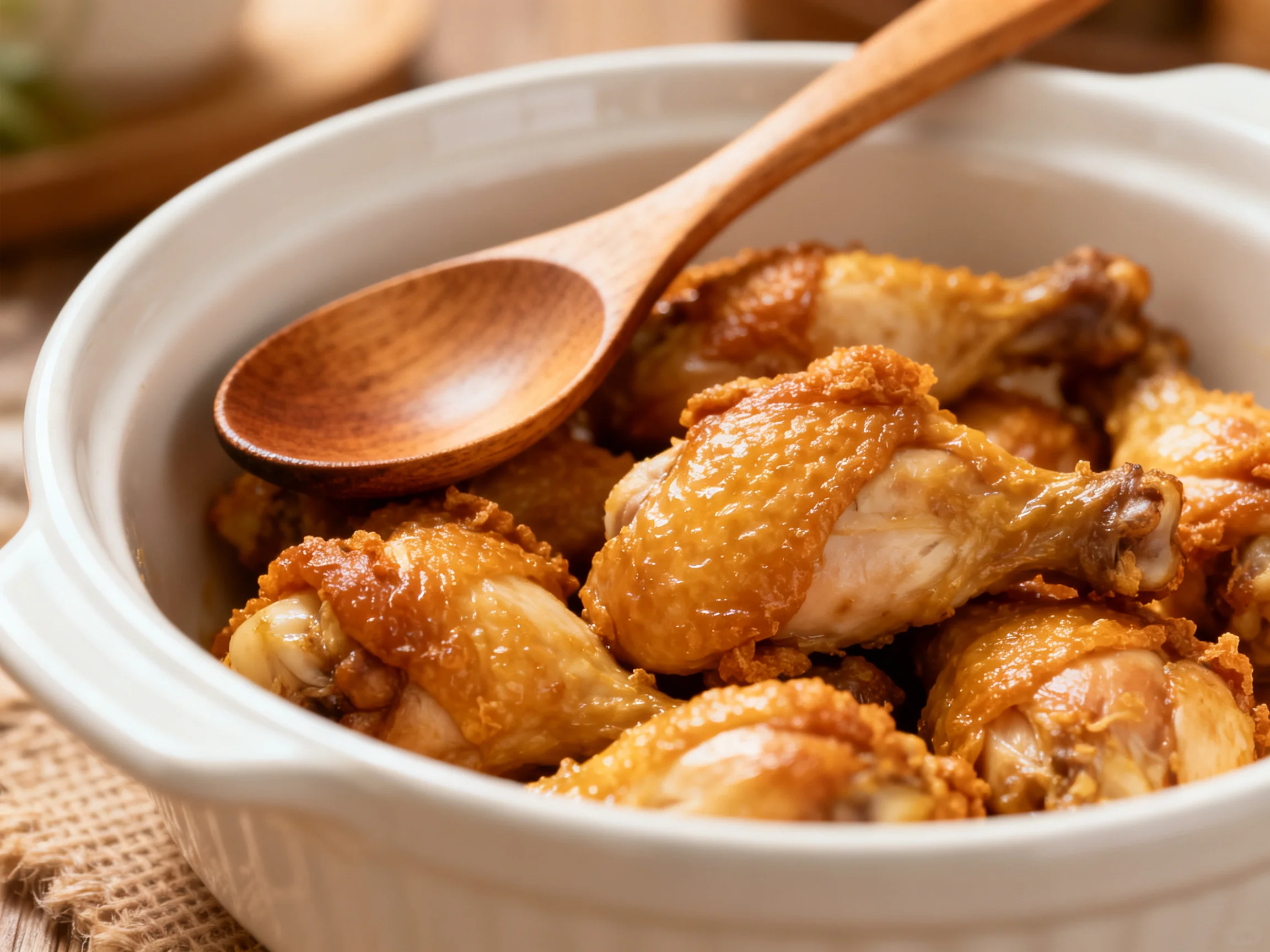 Golden-brown fried chicken wings in a white ceramic dish with a wooden spoon
