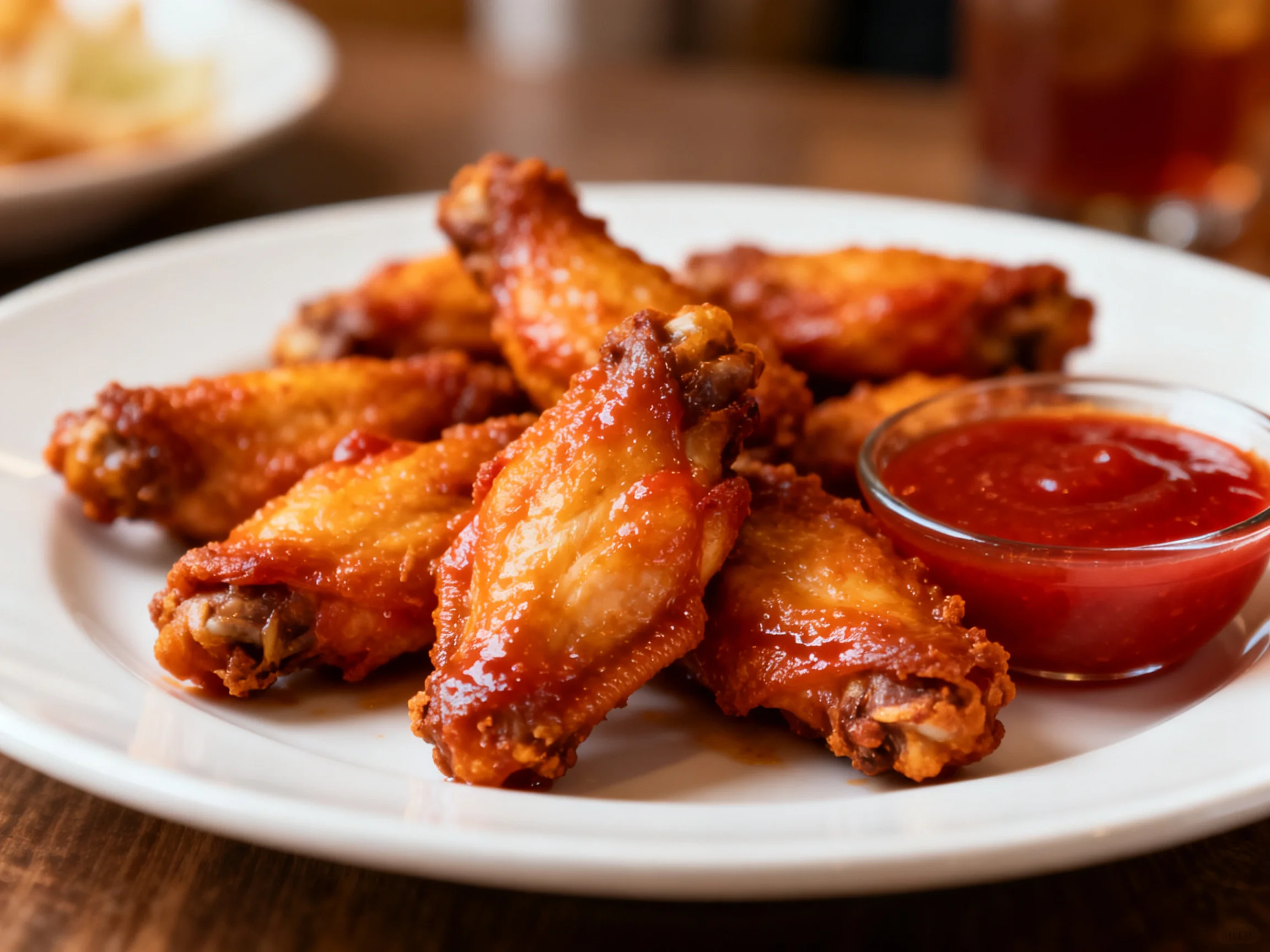 Golden-brown fried chicken wings on a white plate with red dipping sauce
