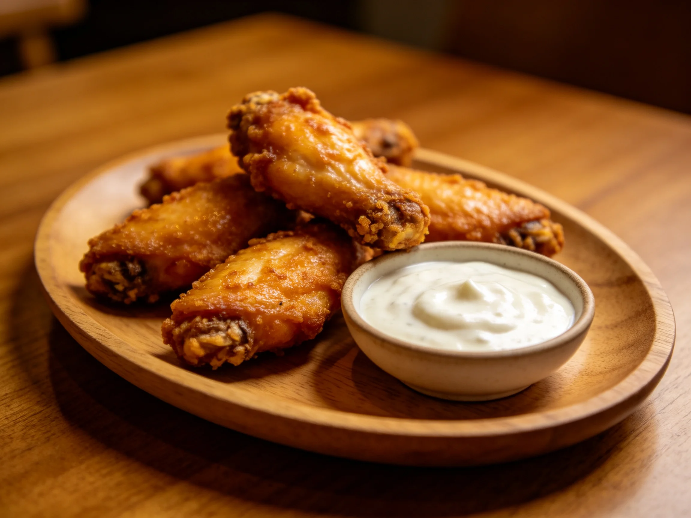 Golden-brown fried chicken wings on a wooden platter with creamy dipping sauce