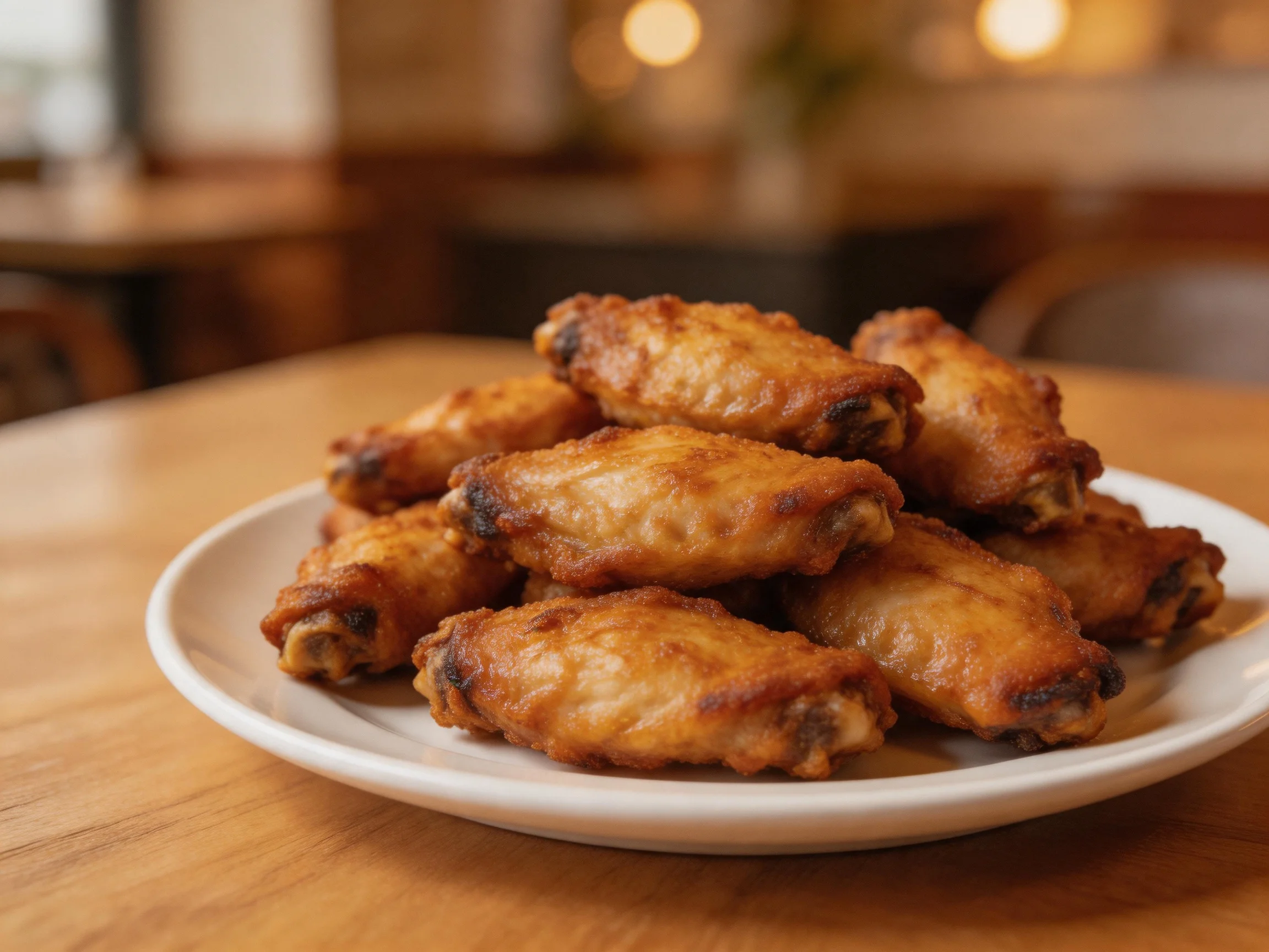 Golden-brown fried chicken wings piled high on a white dish