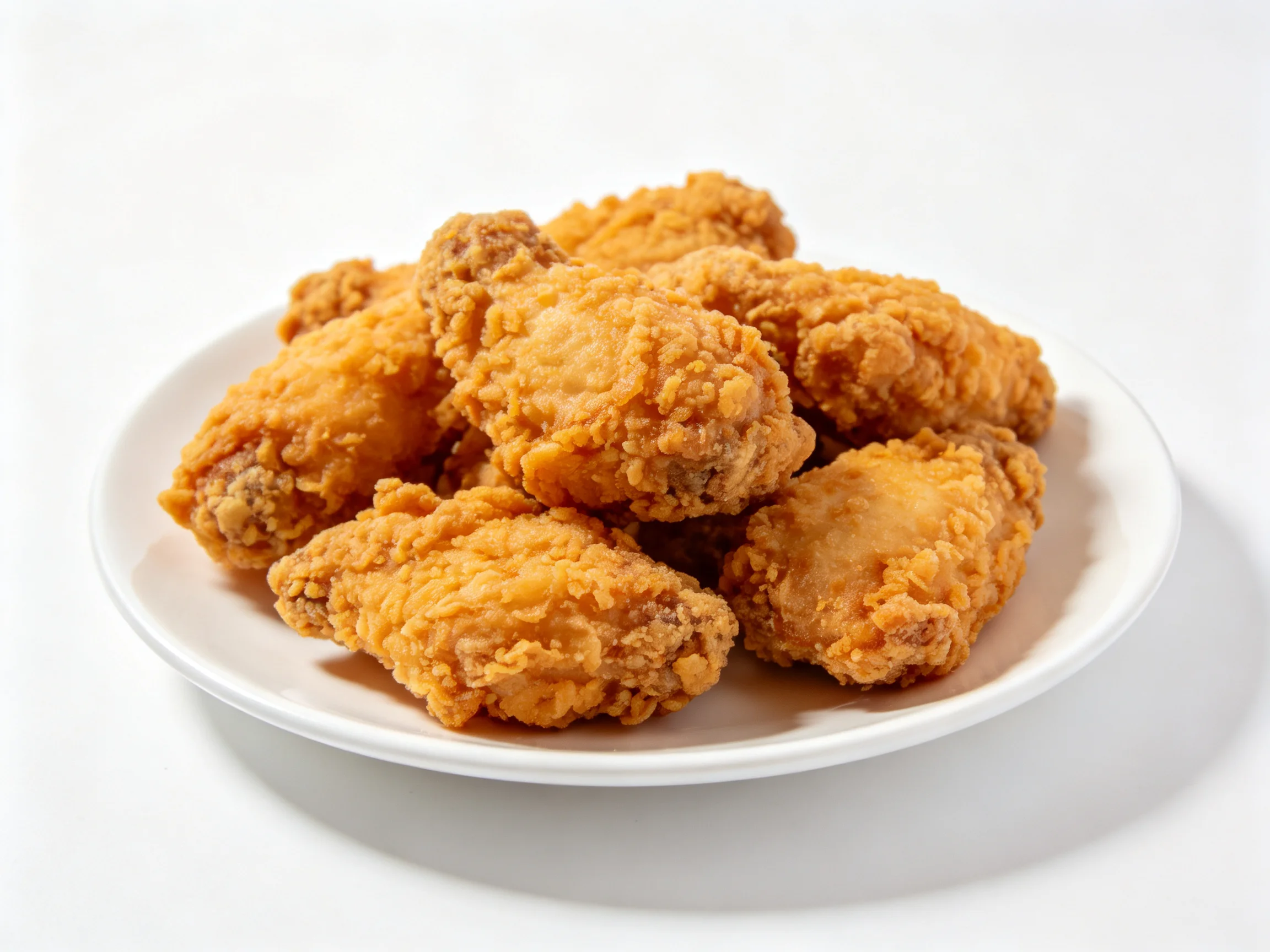 Golden-brown fried chicken wings piled on a white plate