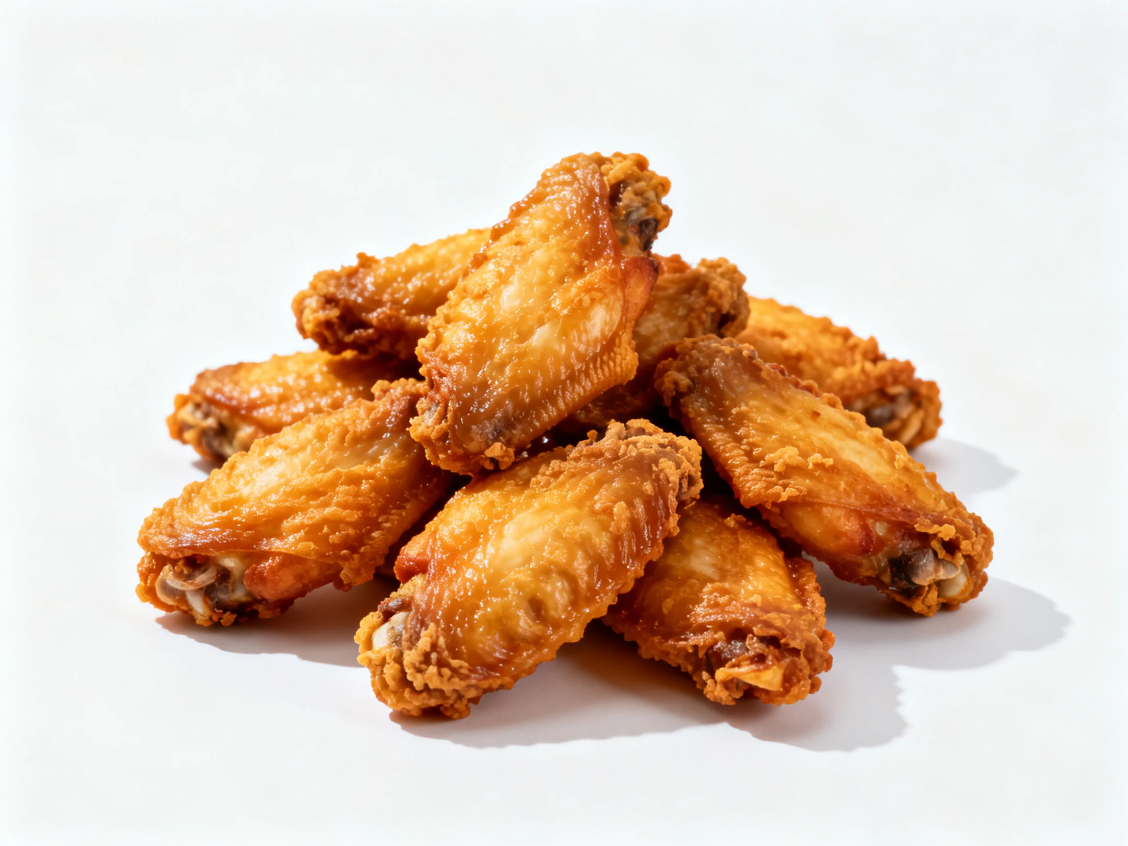 Golden-brown fried chicken wings piled on a white surface