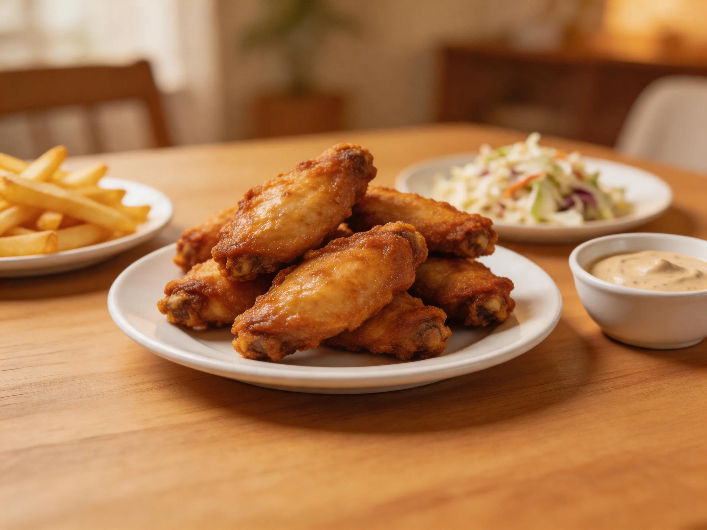 Golden-brown fried chicken wings served with fries, coleslaw, and sauce
