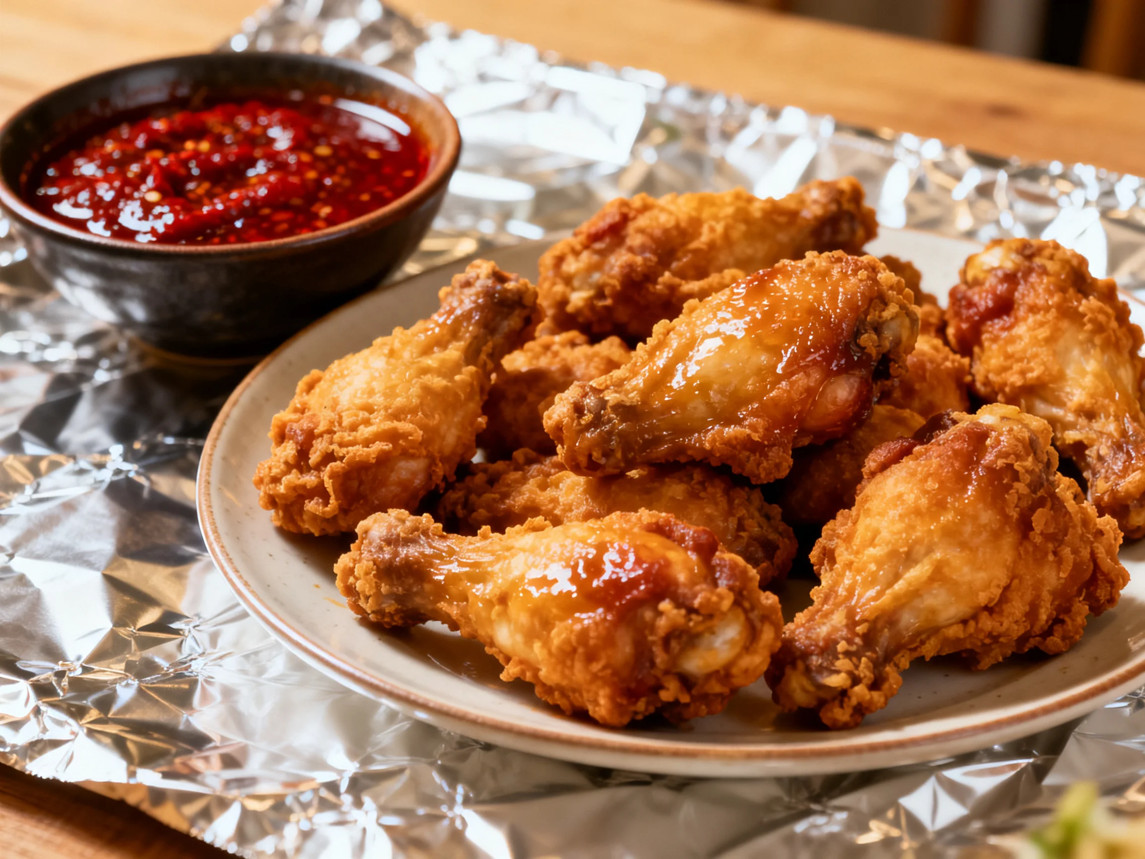 Golden-brown fried chicken wings with spicy red sauce