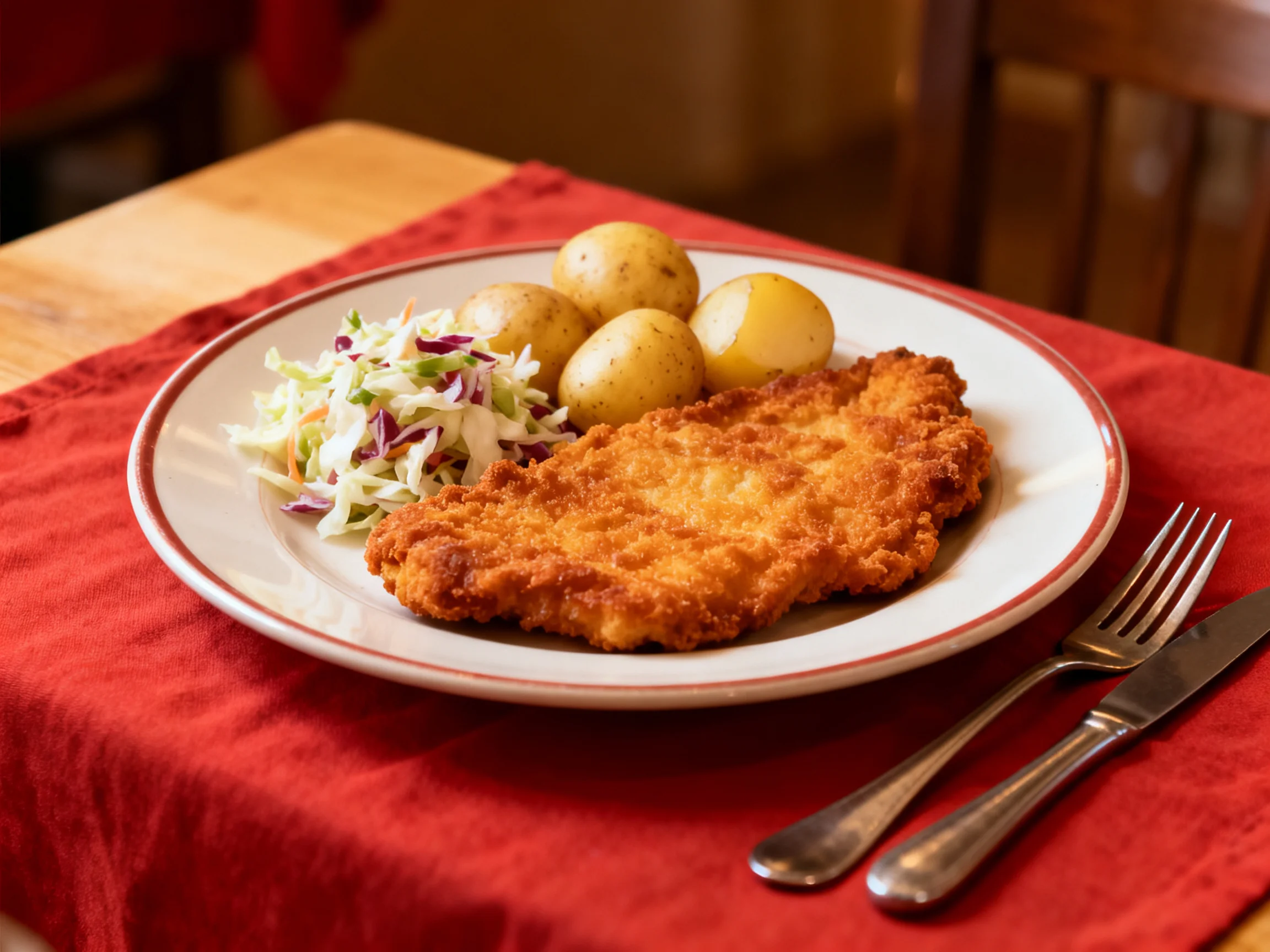 Golden-brown fried cutlet, boiled potatoes, and coleslaw on a red cloth