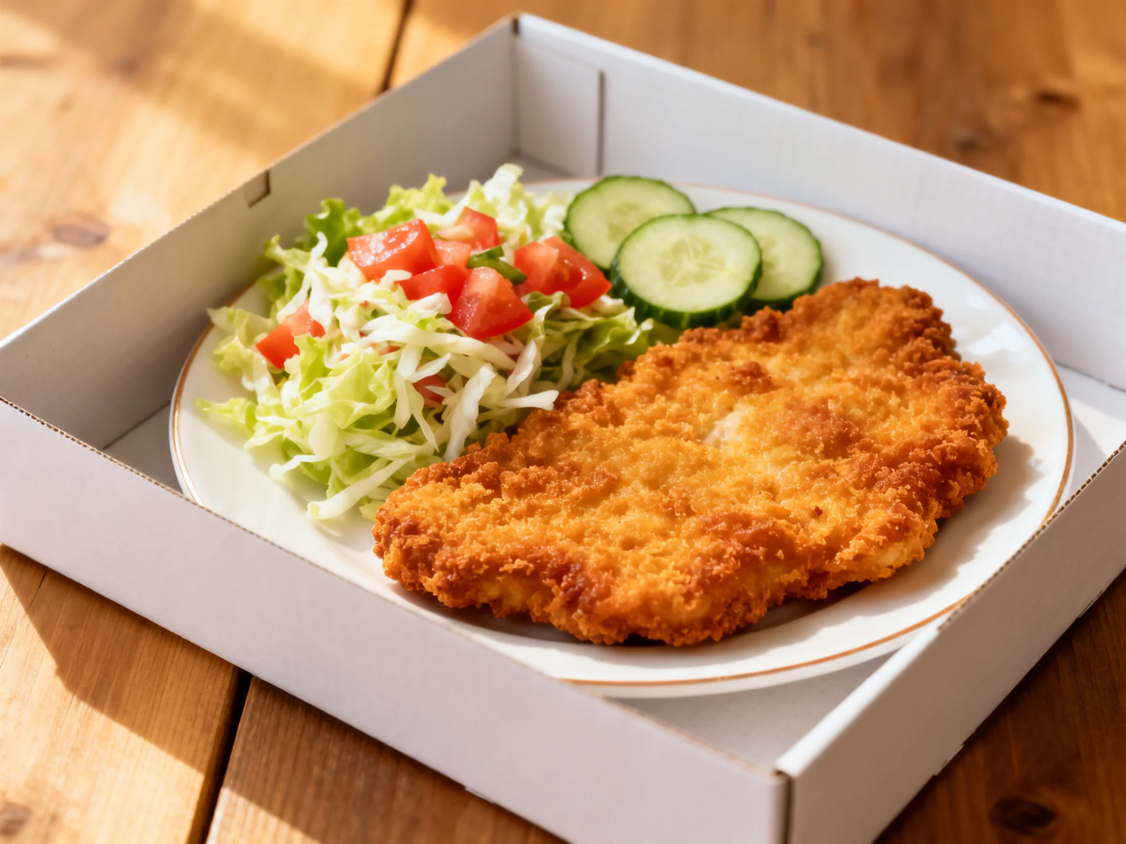 Golden-brown fried cutlet with fresh salad and veggies in white takeout box