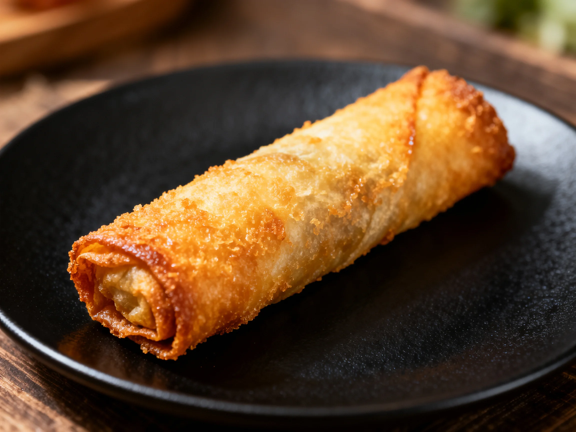 Golden-brown fried egg roll on a black plate